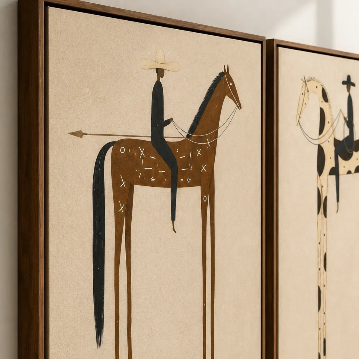 Tall Reins in Balance – Black Horse Rider Diptych | Minimalist Western Vertical Wall Art
