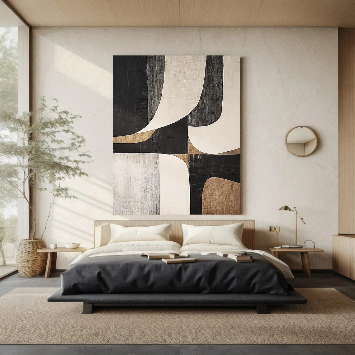 Balanced Geometric – Hand-Painted Black and Beige Minimalist Shapes Wabi-Sabi Painting | Japandi Organic Wabi-Sabi Living Room & Hallway Art