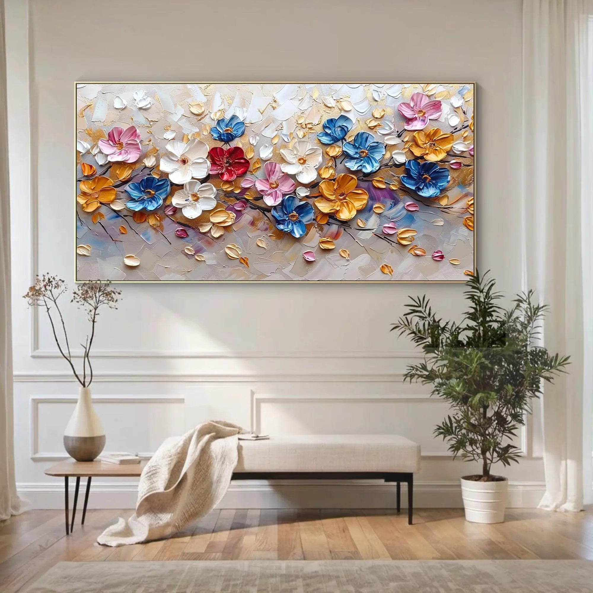 Prismatic Bloom – Hand-Painted Vibrant Multicolored 3D Impasto Palette Knife Floral Painting | Vibrant Botanical Living Room & Dining Room Art