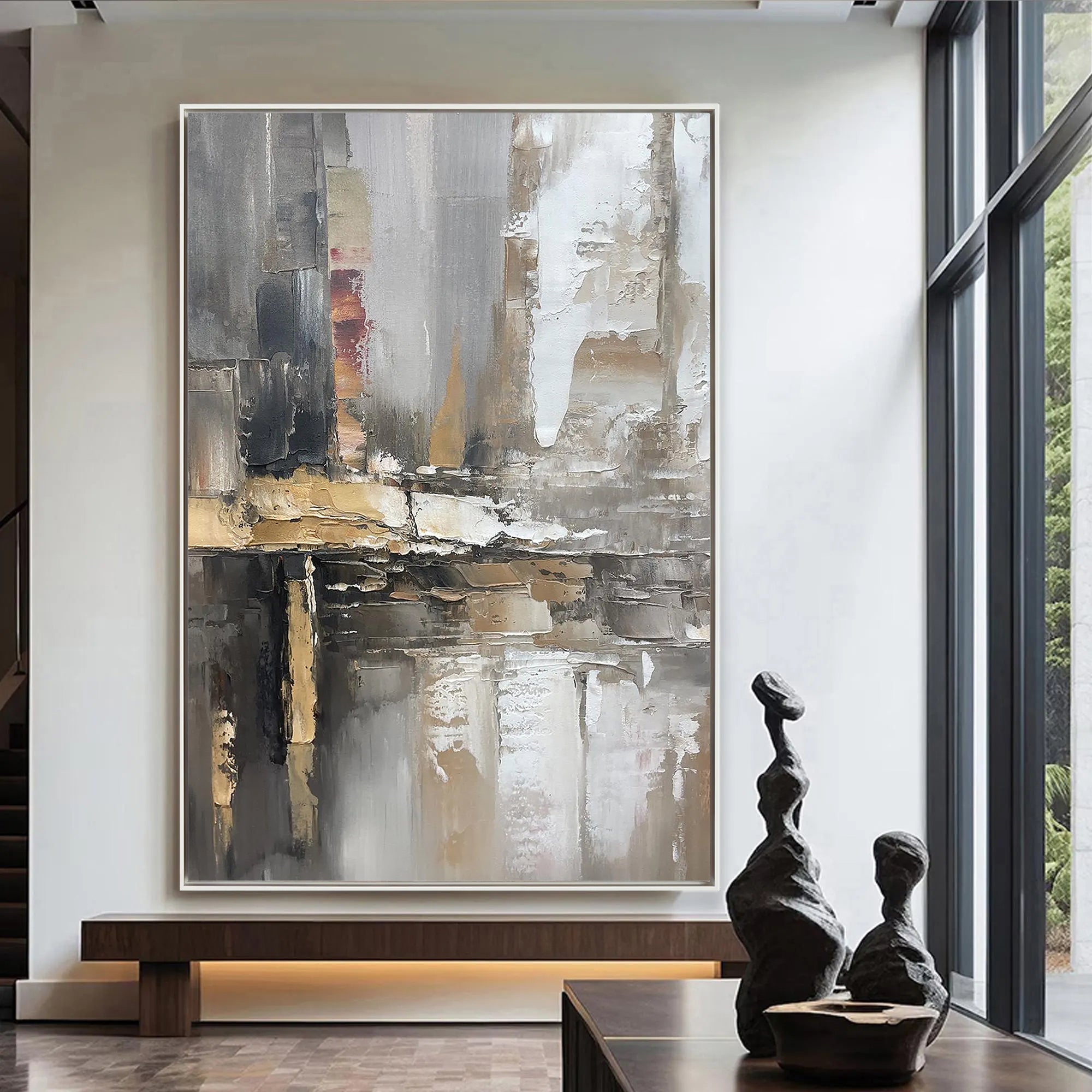 Earthen Core – Hand-Painted Grey and Gold Soil Tone Palette Knife Abstract Painting | Japandi Wabi-Sabi Living Room & Bedroom Art