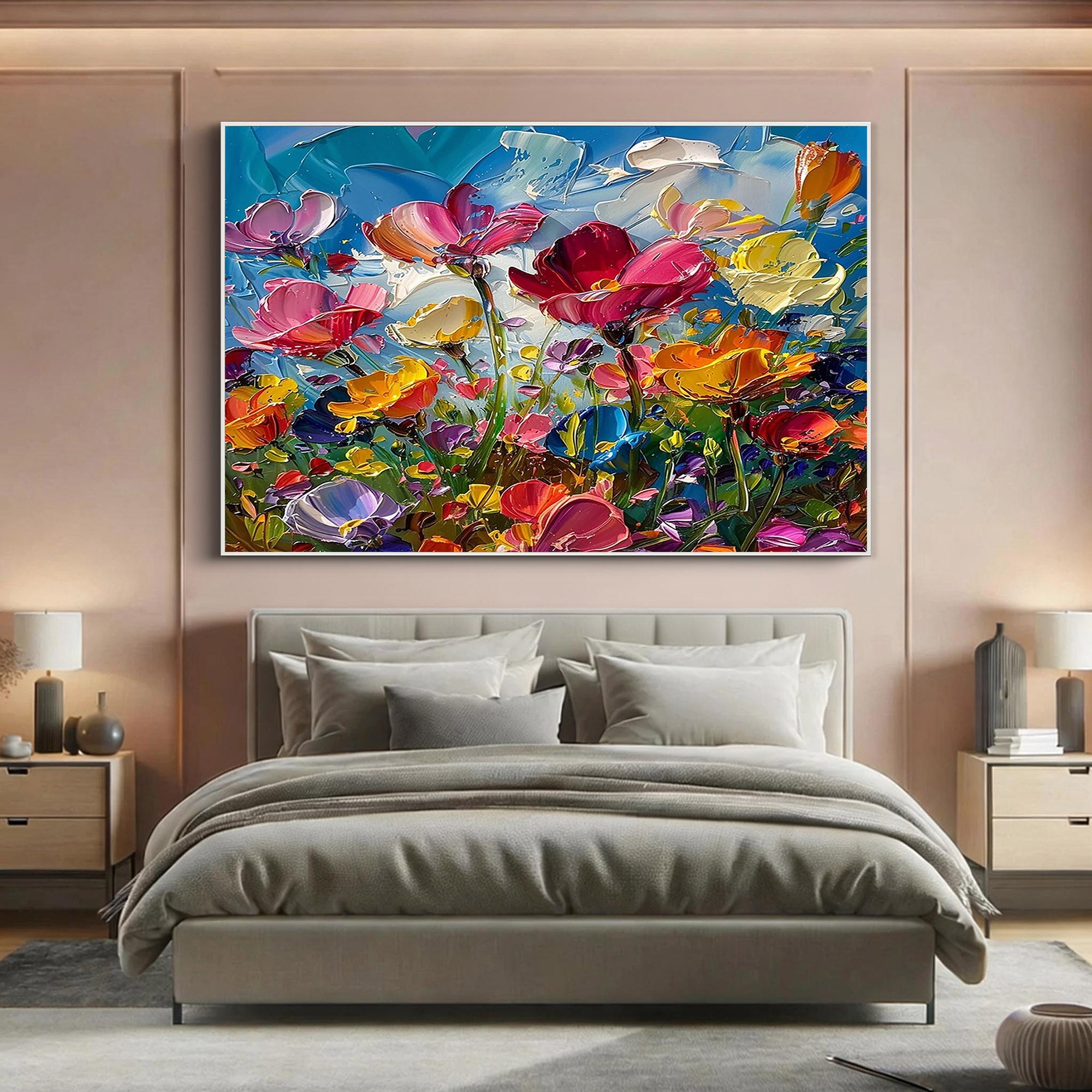 Vivid Bloom – Modern Rainbow Wildflower Impasto Floral Painting | Vibrant Botanical Living Room & Dining Room Art