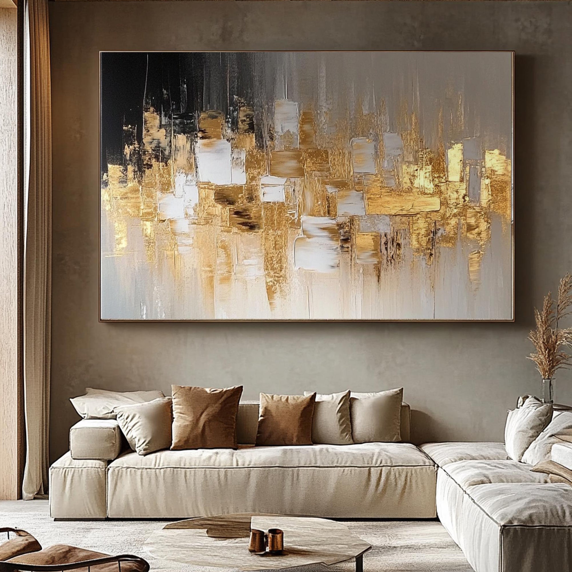 Golden Skyline – Luxury Abstract Urban Landscape Painting | Large Horizontal Impasto Living Room Art