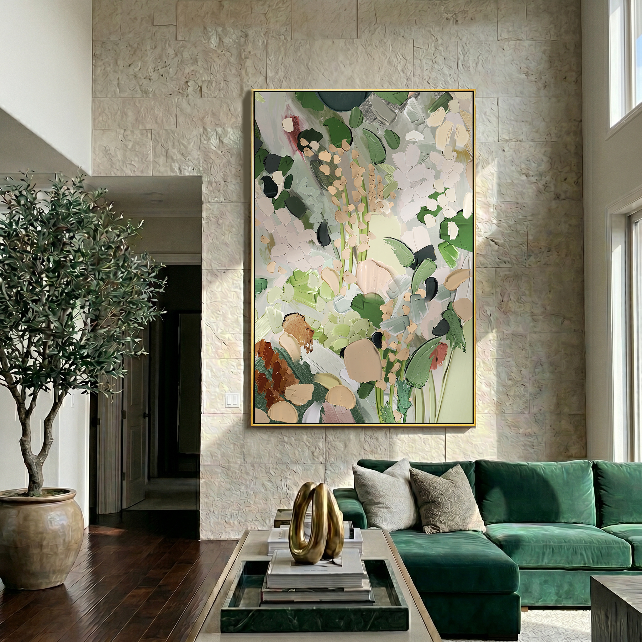 The Secret Garden – Modern Sage Green Impasto Floral Painting | Organic Living Room Vertical Canvas Art