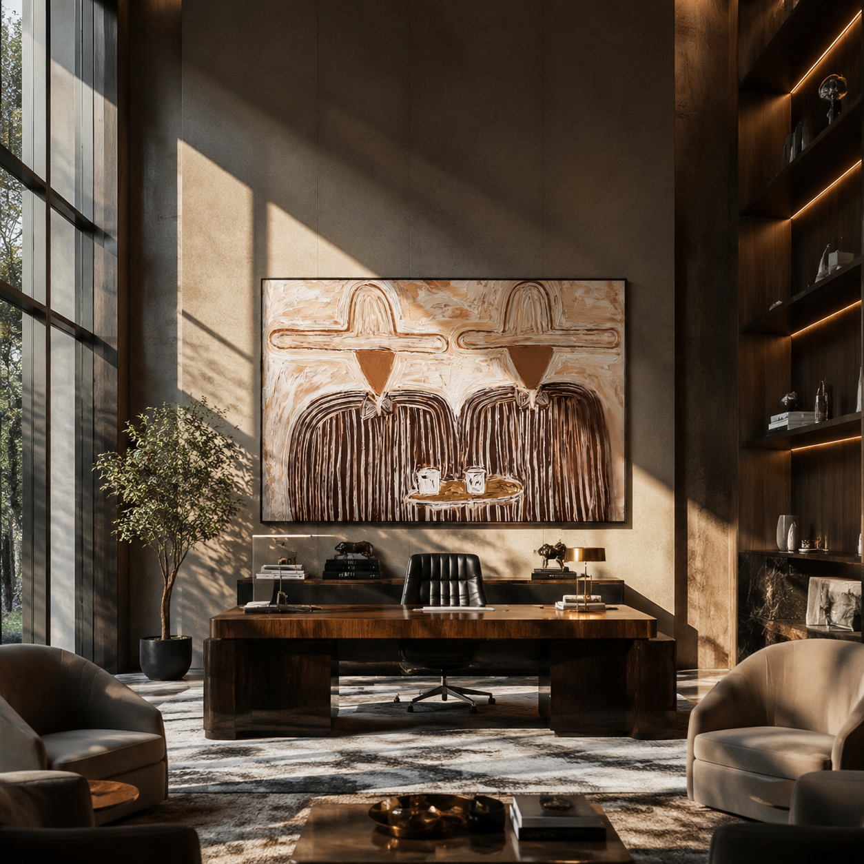Quiet Brew – Modern Cream & Brown Heavy Textured Figures Painting | Minimalist Living Room Art