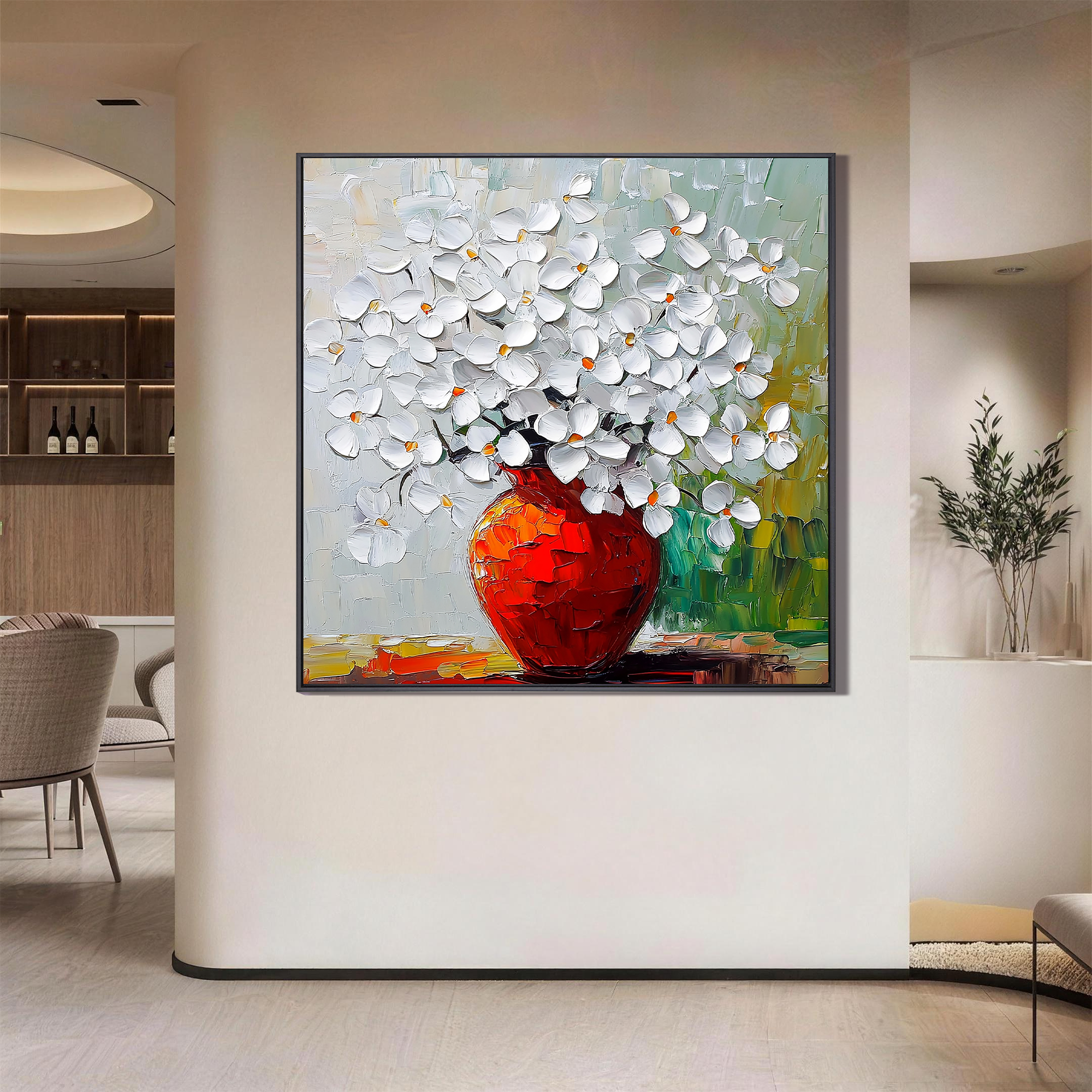 Blossoms in Vermilion – Modern Textured White Floral Painting | Luxury Red Vase Expressionist Hallway Art