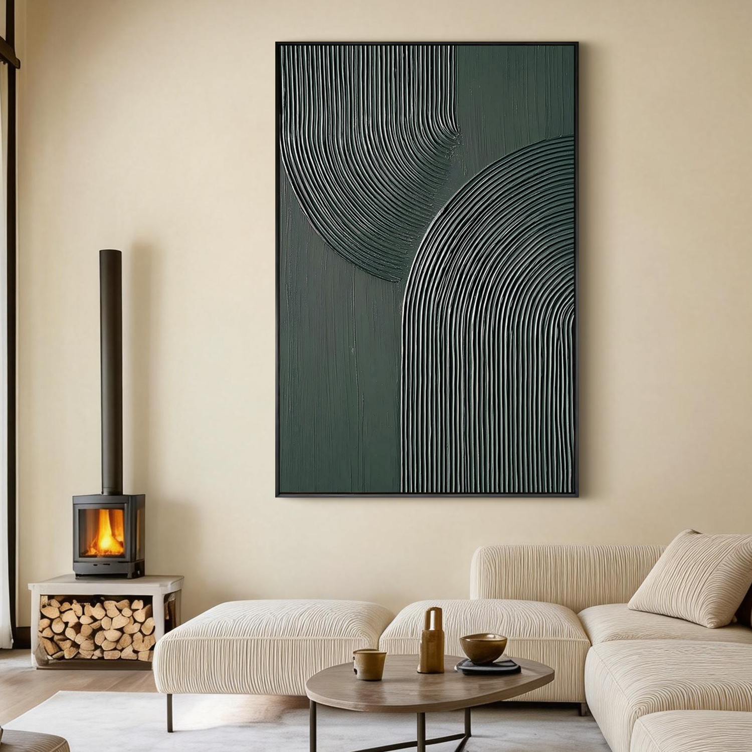 Silent Harmony – Modern Deep Green Textured Painting | Geometric Ribbed Plaster Hallway Art