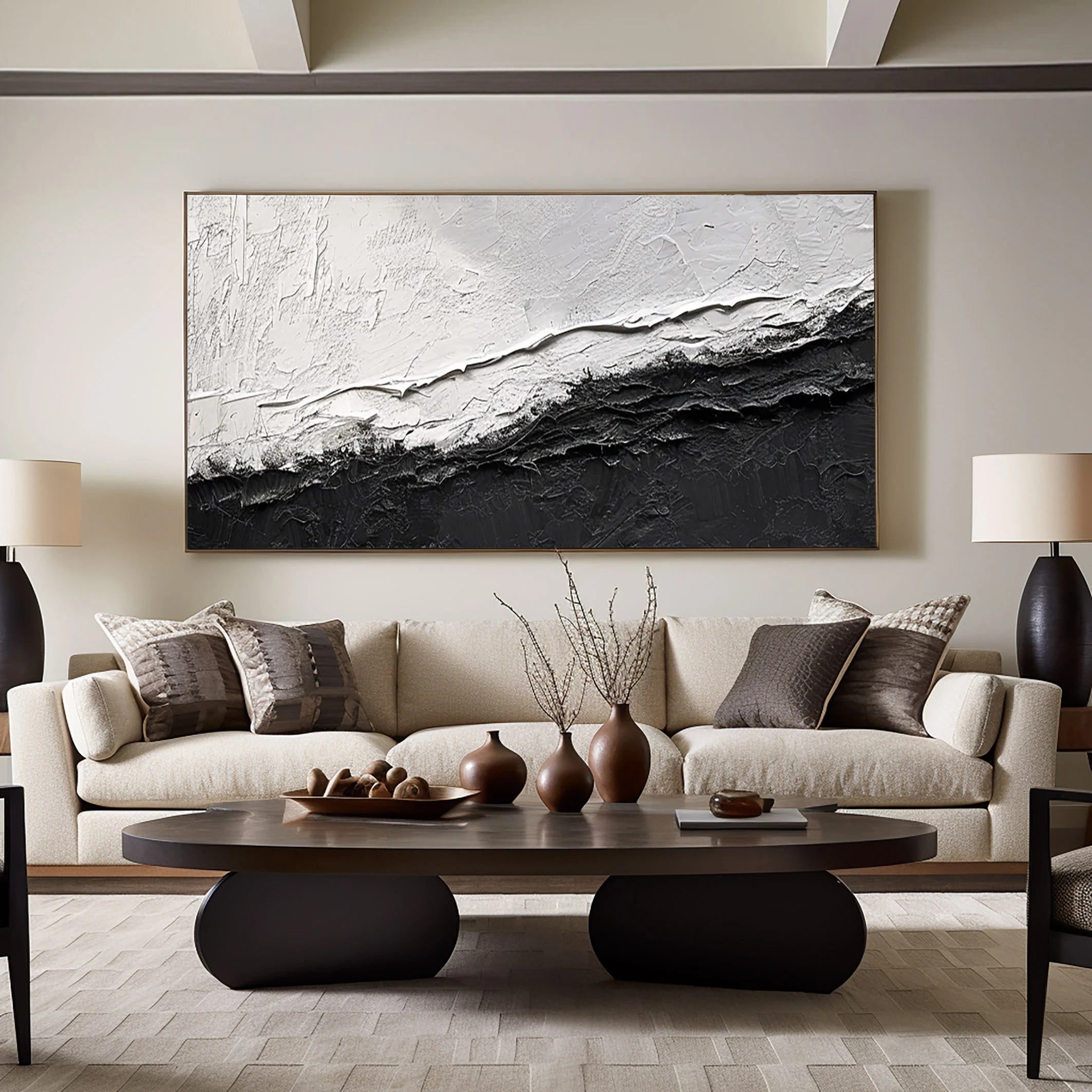 Mono Divide – Industrial Minimalist Black & White Painting | Textured Abstract Living Room Art