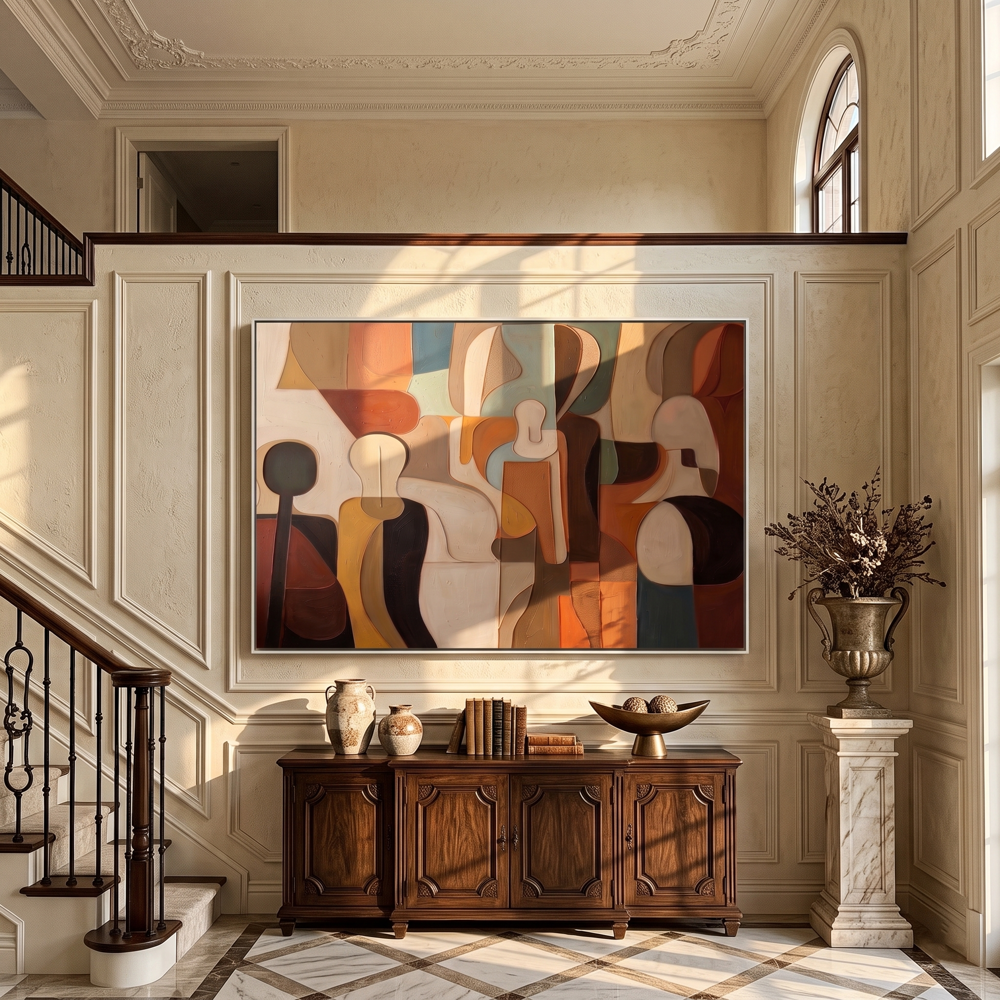 The Gathering Form – Earth-Tone Abstract Cubist Painting | Mid-Century Modern Living Room Art