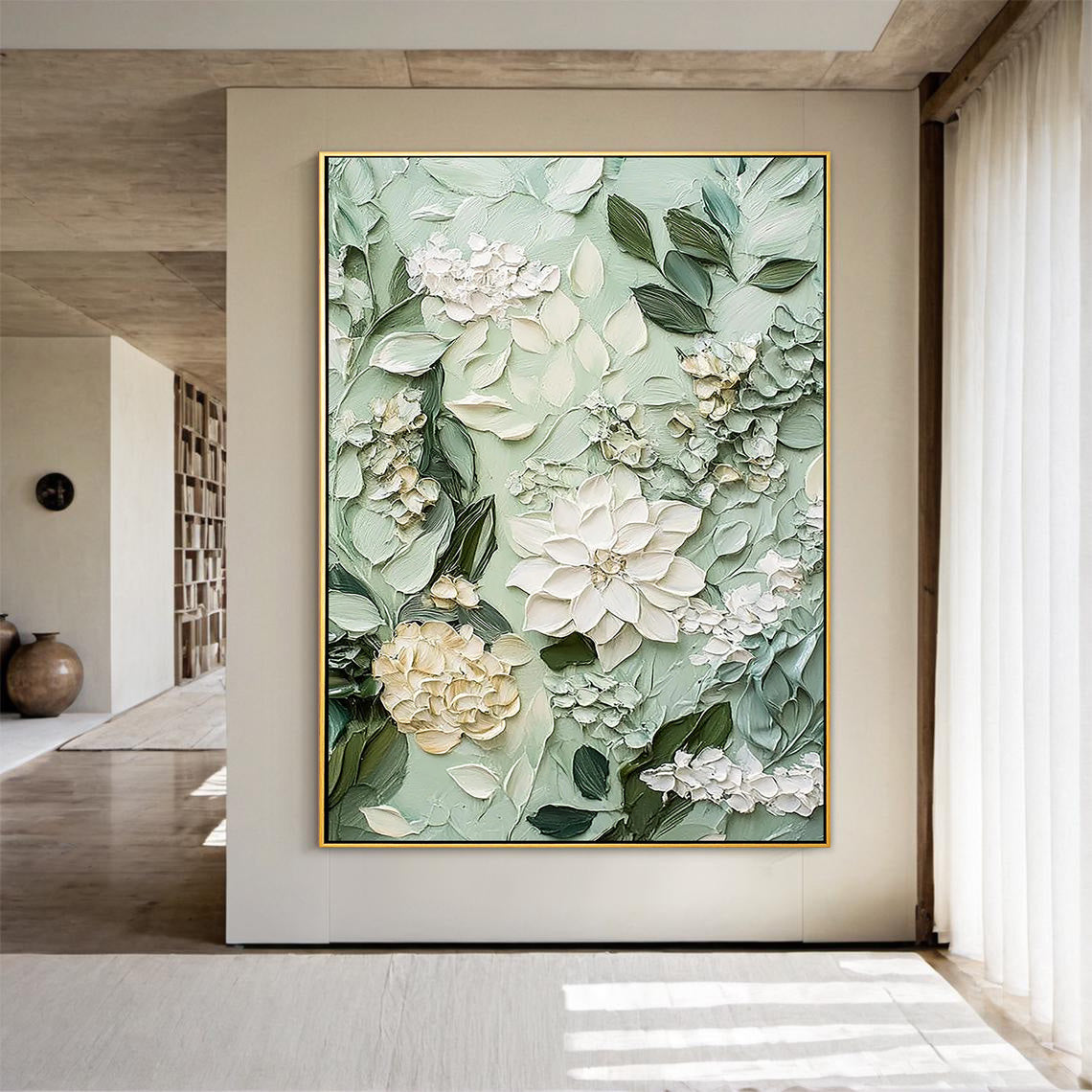 SAGE BLOSSOM: Floral Wall Art, Hand-Painted Sage Green and Creamy White 3D Impasto Heavy Texture Studio Art
