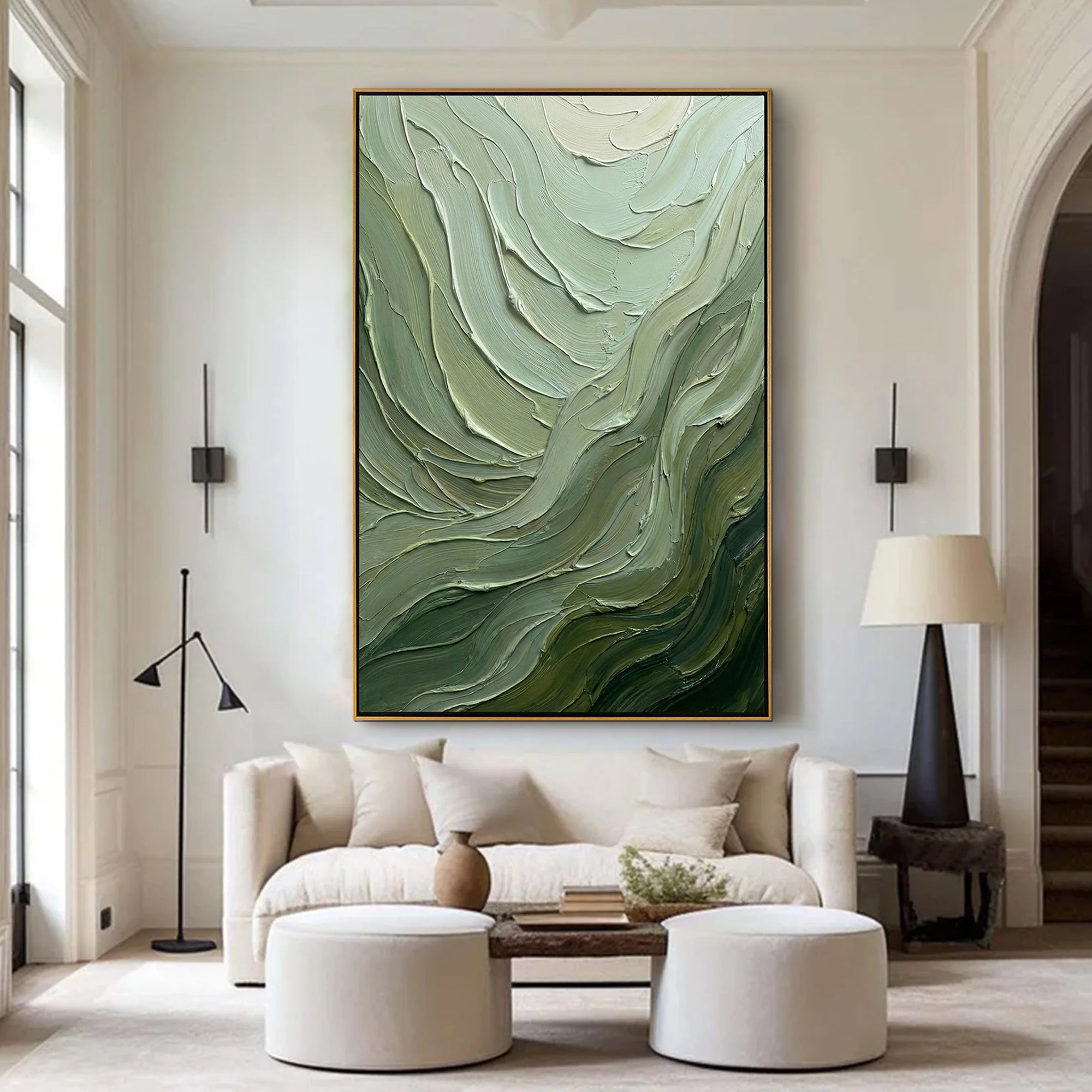Verdant Flow – Hand-Painted Sage Green and Olive Wave Palette Knife Texture Painting | Modern Abstract Living Room & Office Art