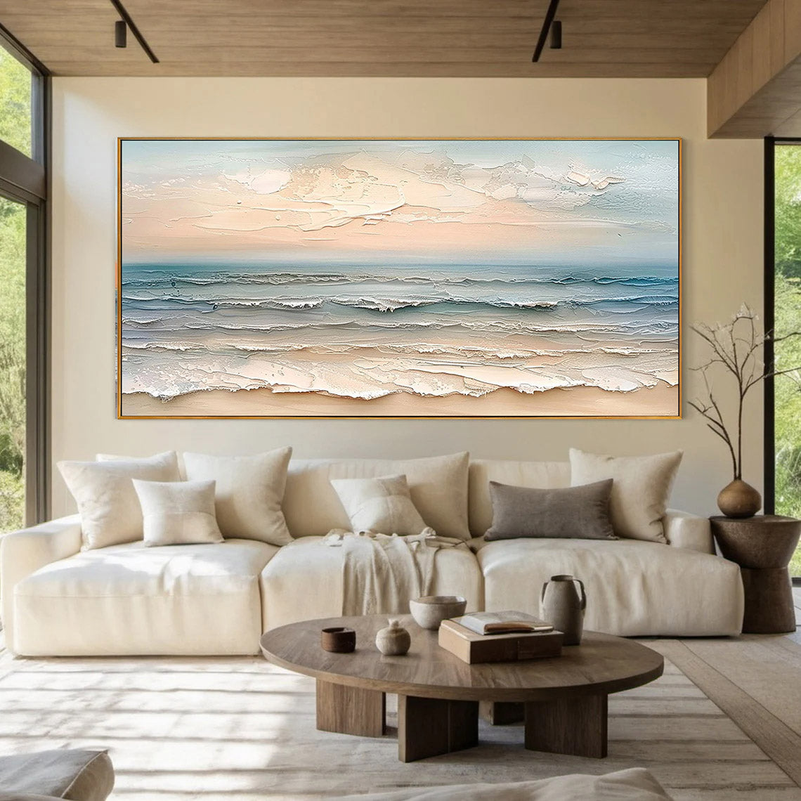 Ocean Whispers – Modern Creamy Coastal Seascape Textured Painting | Large Horizontal Living Room Art