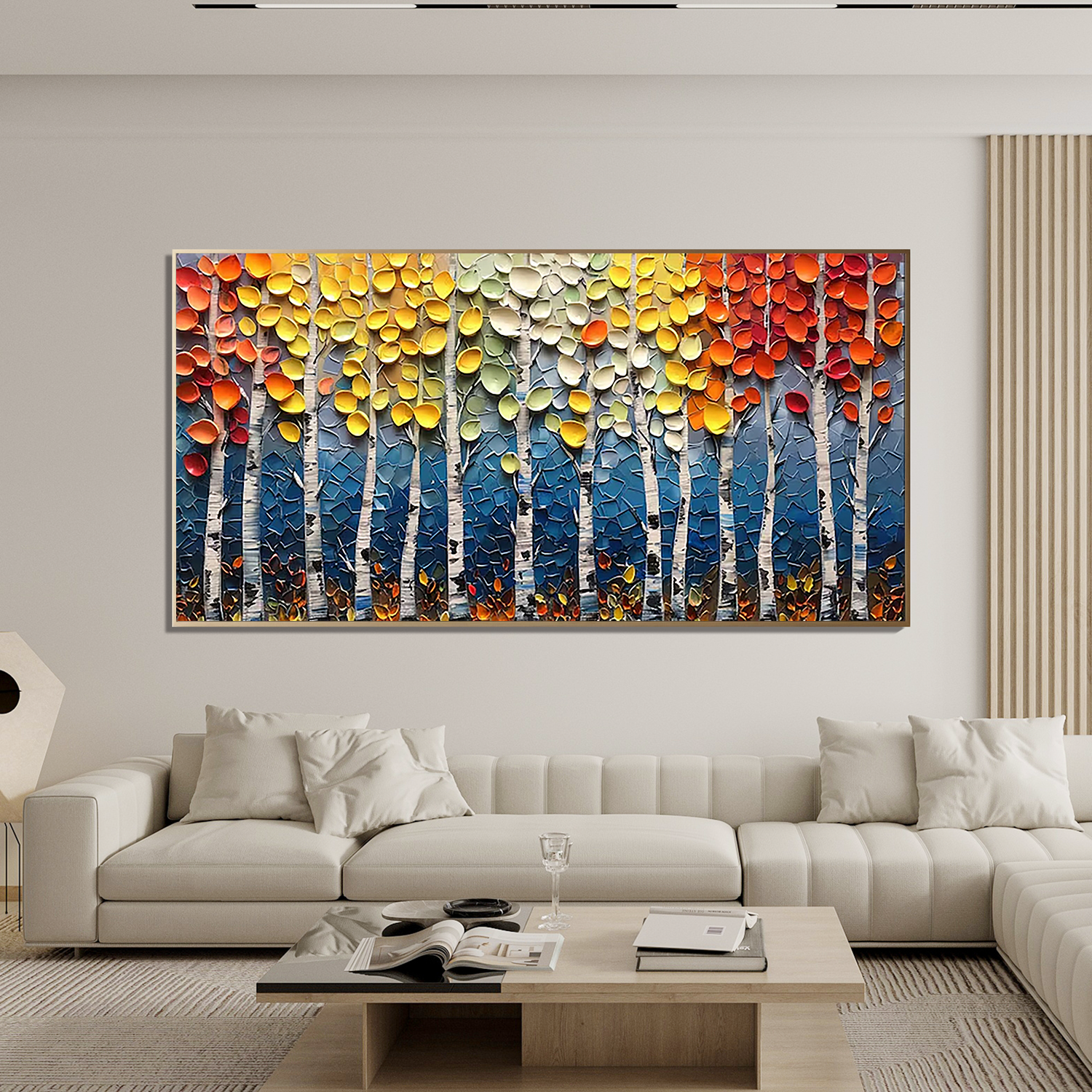 Autumn Symphony - Modern Impasto Vibrant Birch Forest Art | Cozy Living Room Panoramic Wall Decor