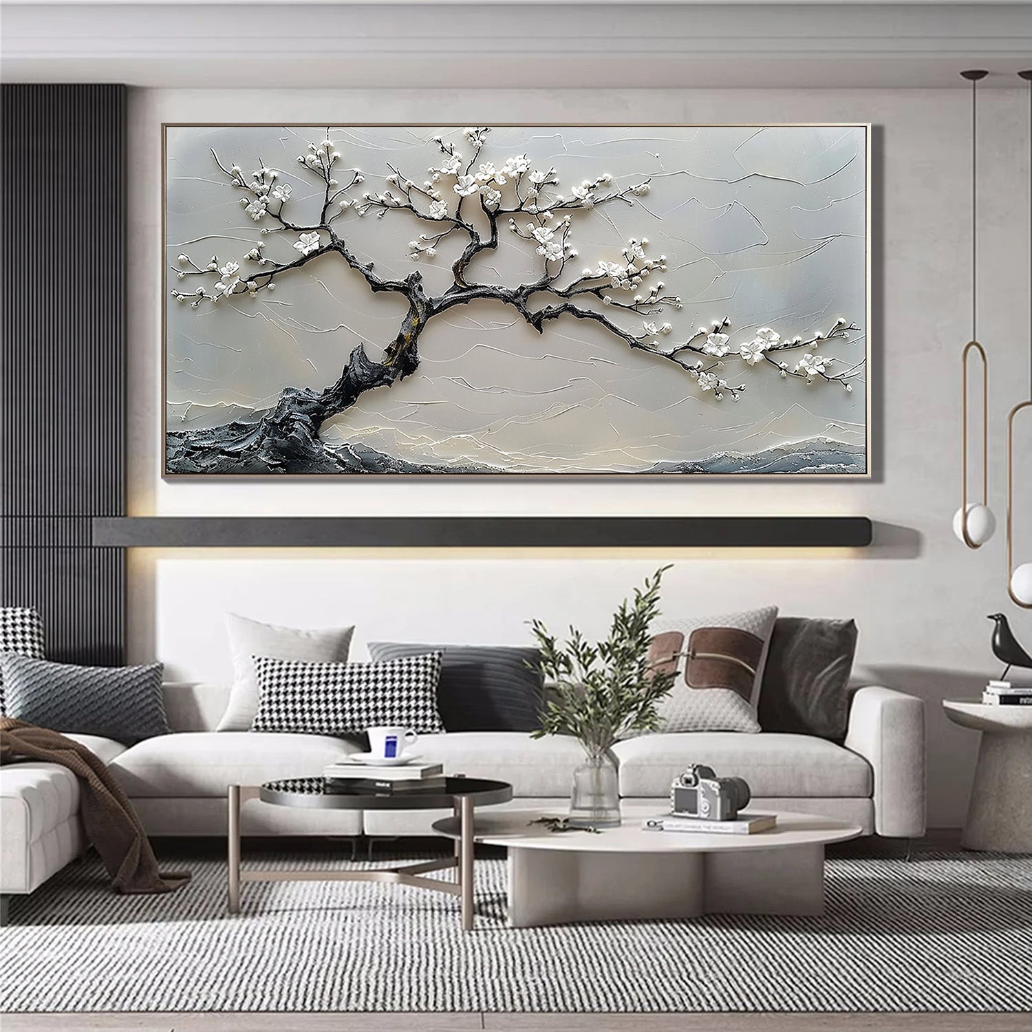 Winter Blossom – Luxury High-Relief Stark Black and White Painting | Panoramic Botanical Living Room Art