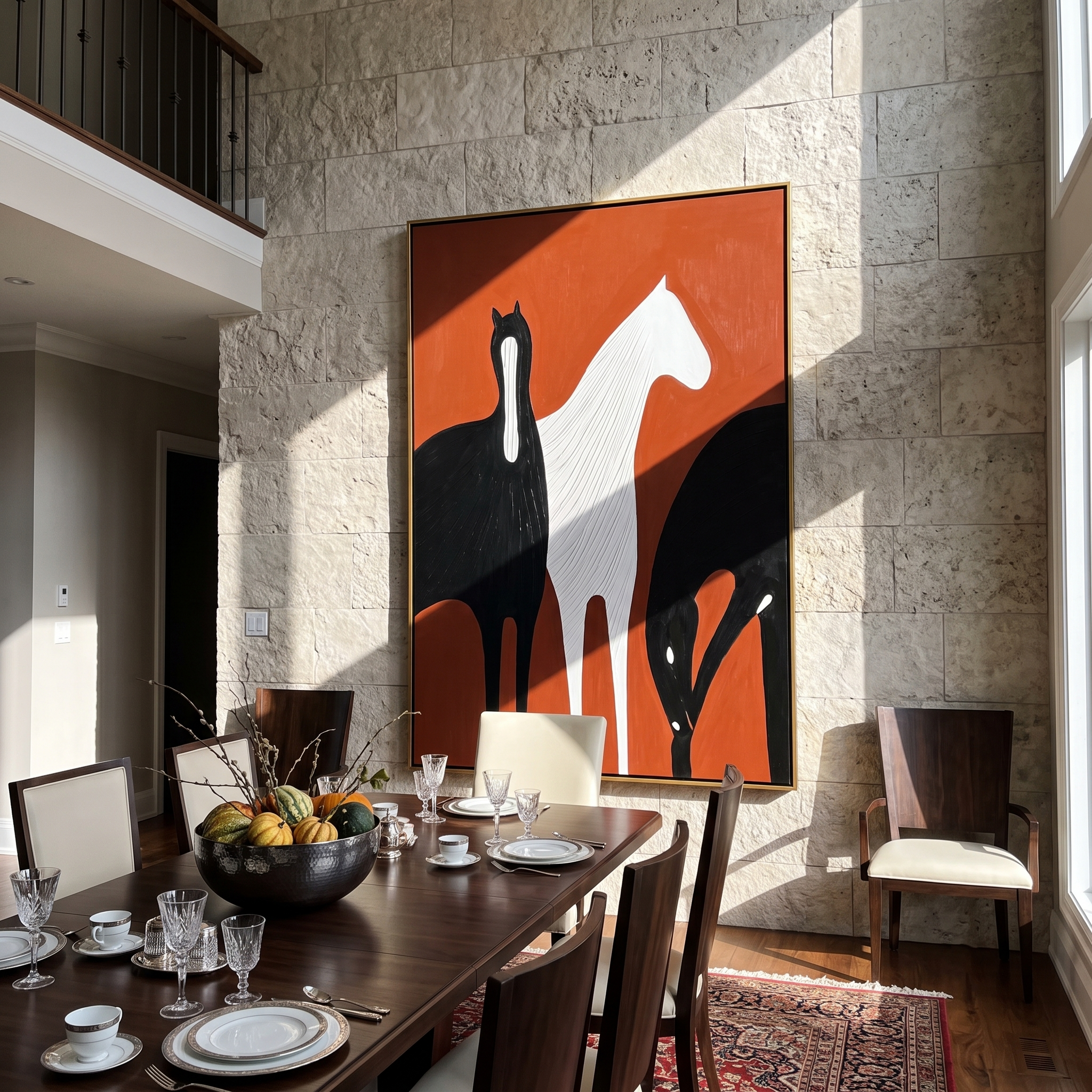 Crimson Equus - Vintage Americana Abstract Horse Trio Painting | Bold Modern Living Room Art