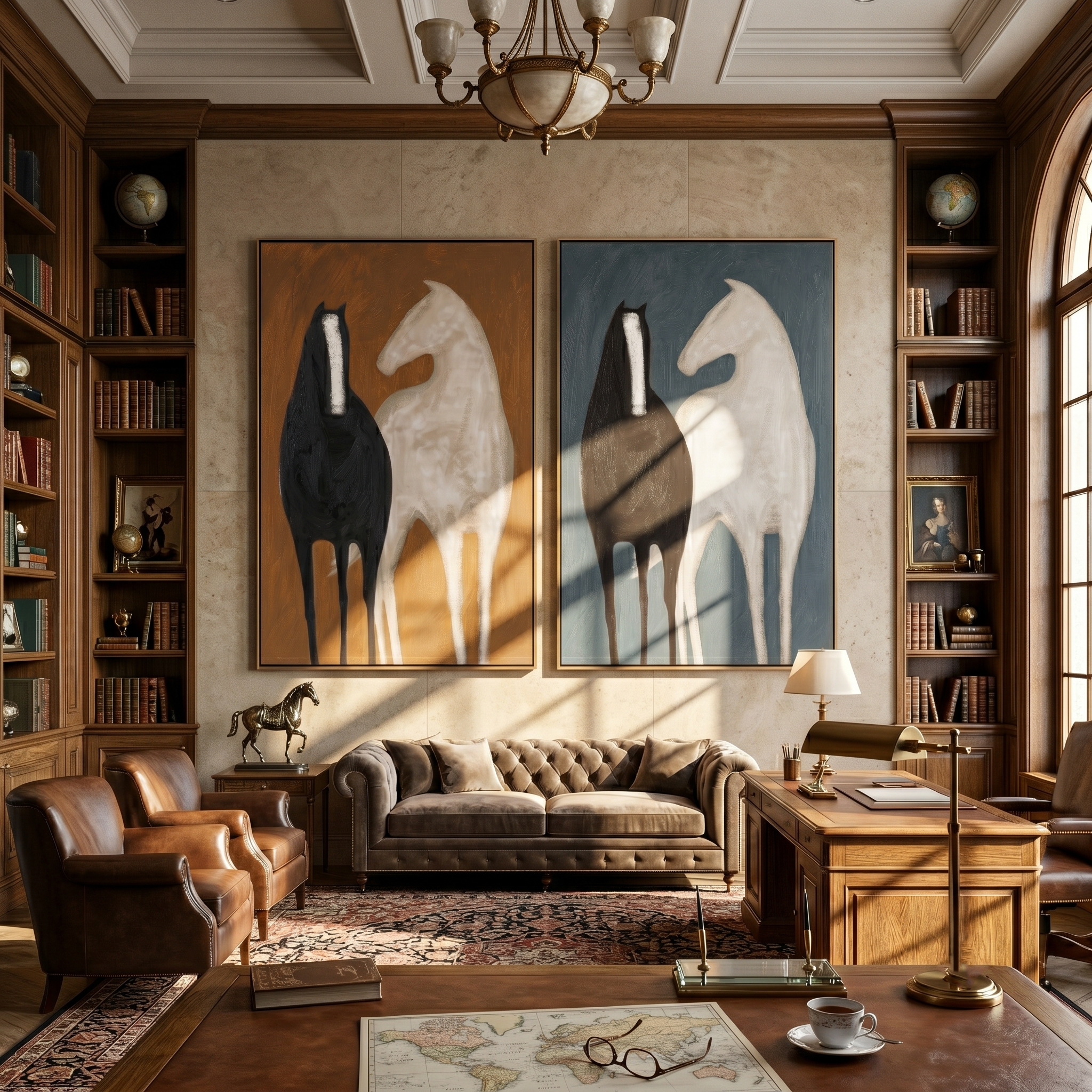 Two Grounds Diptych – Vintage Americana Black & Cream Horse Two-Panel Painting | Modern Luxury Living Room Art