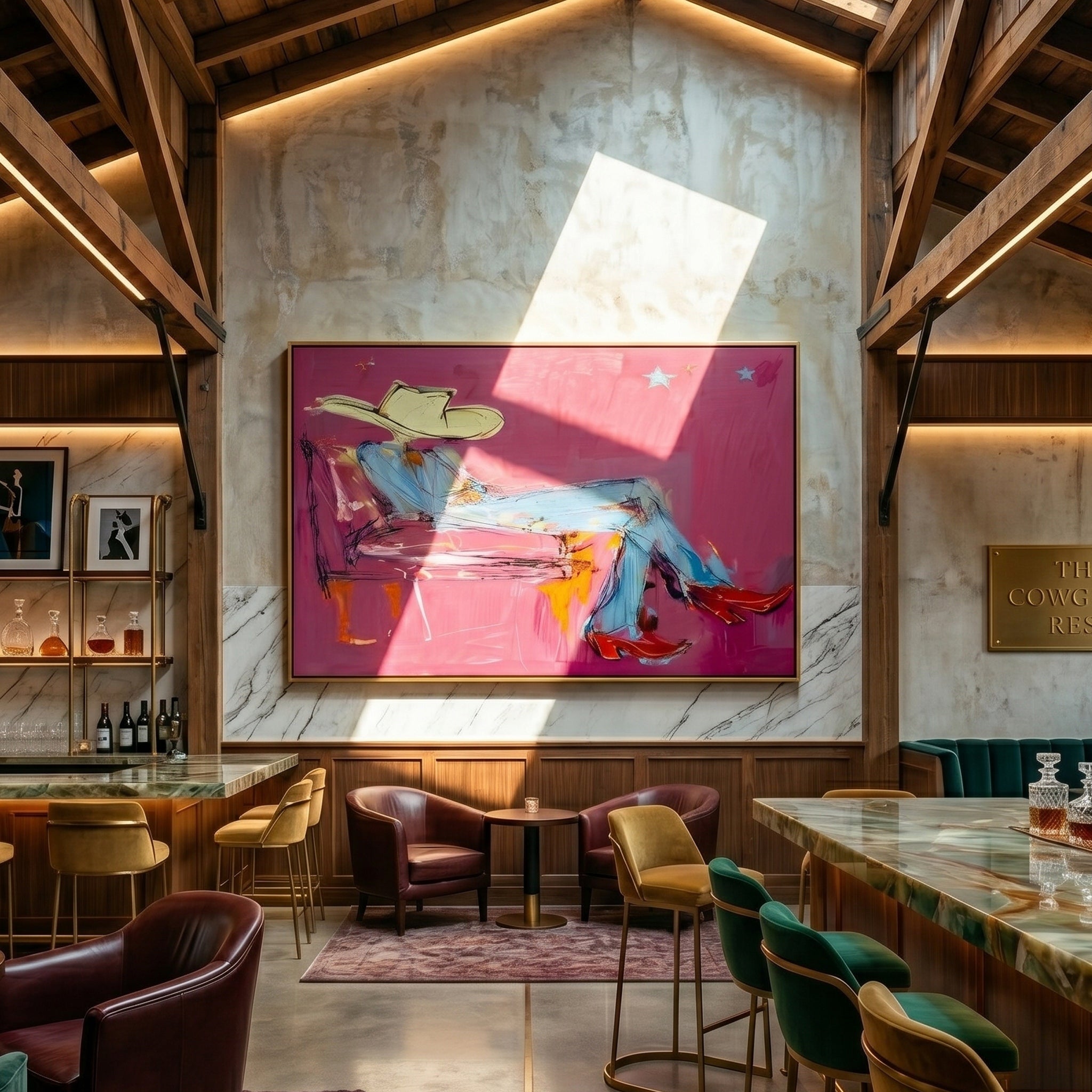 Neon Midnight Rider – Pop Art Pink Cowboy & Red Boots Painting | Avant-Garde Eclectic Living Room Art