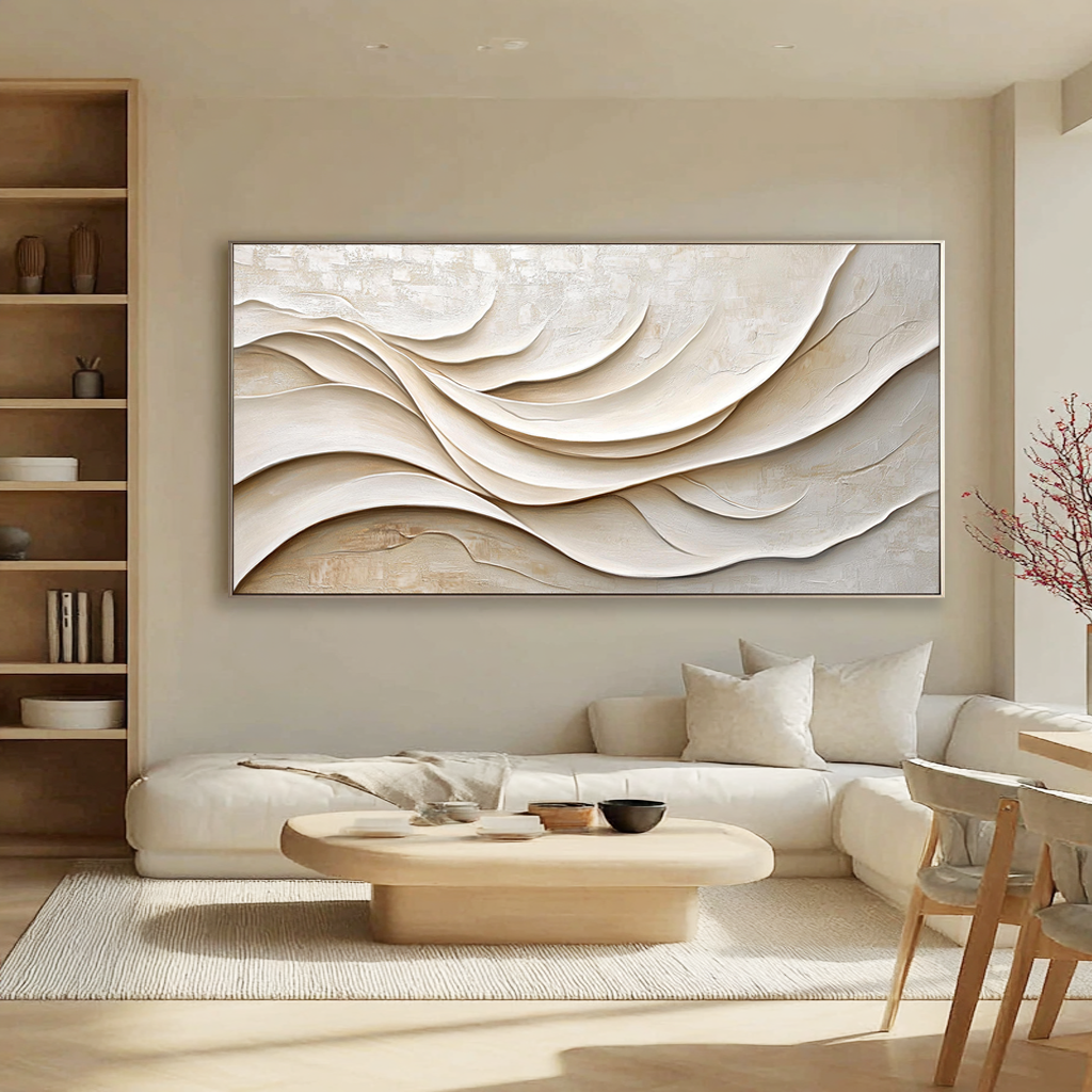 Silk Ripple – Hand-Painted Creamy White Fluid Plaster Relief Minimalist Painting | Modern Minimalist Bedroom & Home Office Art