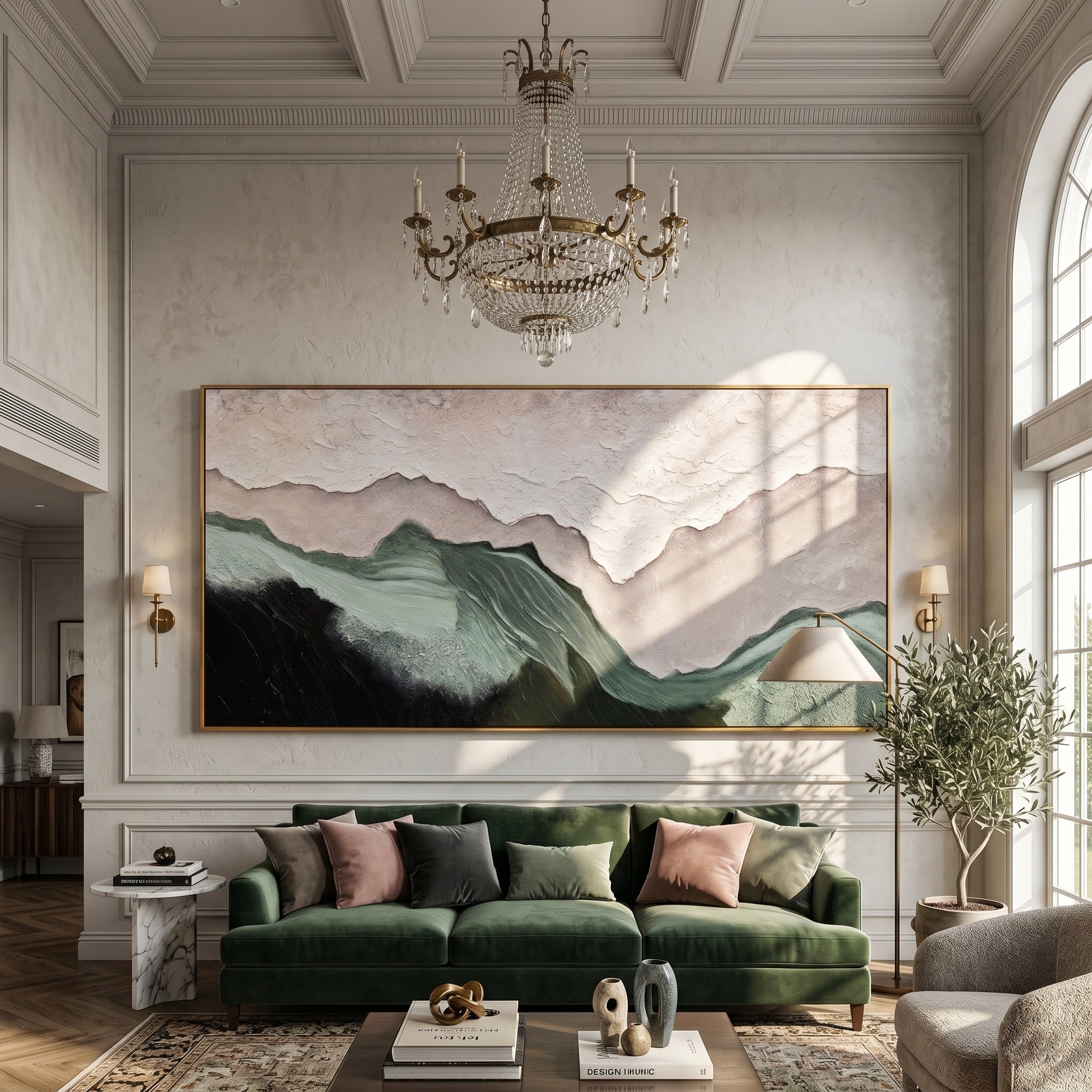 Mountain Echo – Wabi-Sabi Emerald Green Textured Painting | Horizontal Abstract Living Room Art