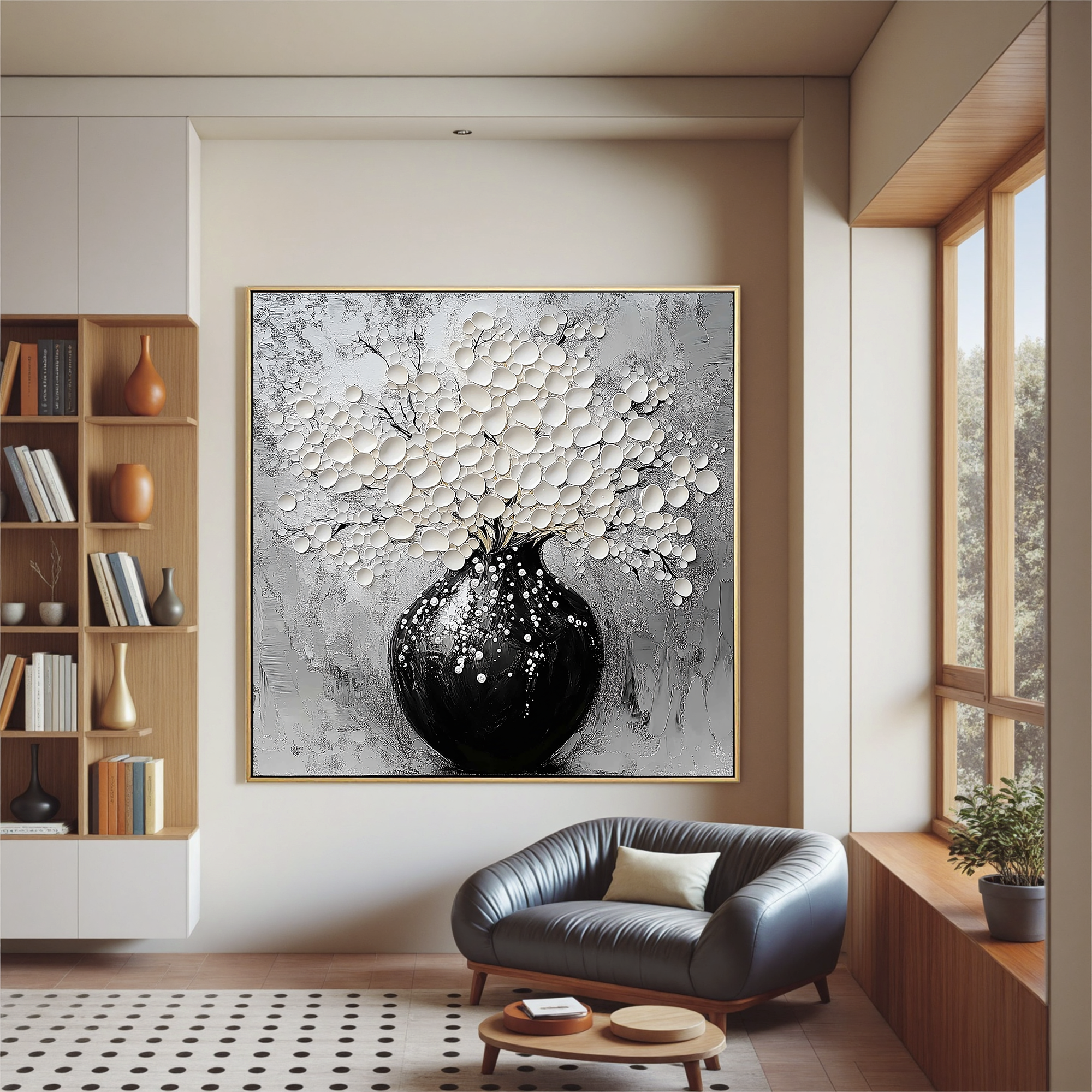 Serene Bloom – Modern Black-and-White Minimalist Relief Texture Painting |  White-Flower Hallway Art