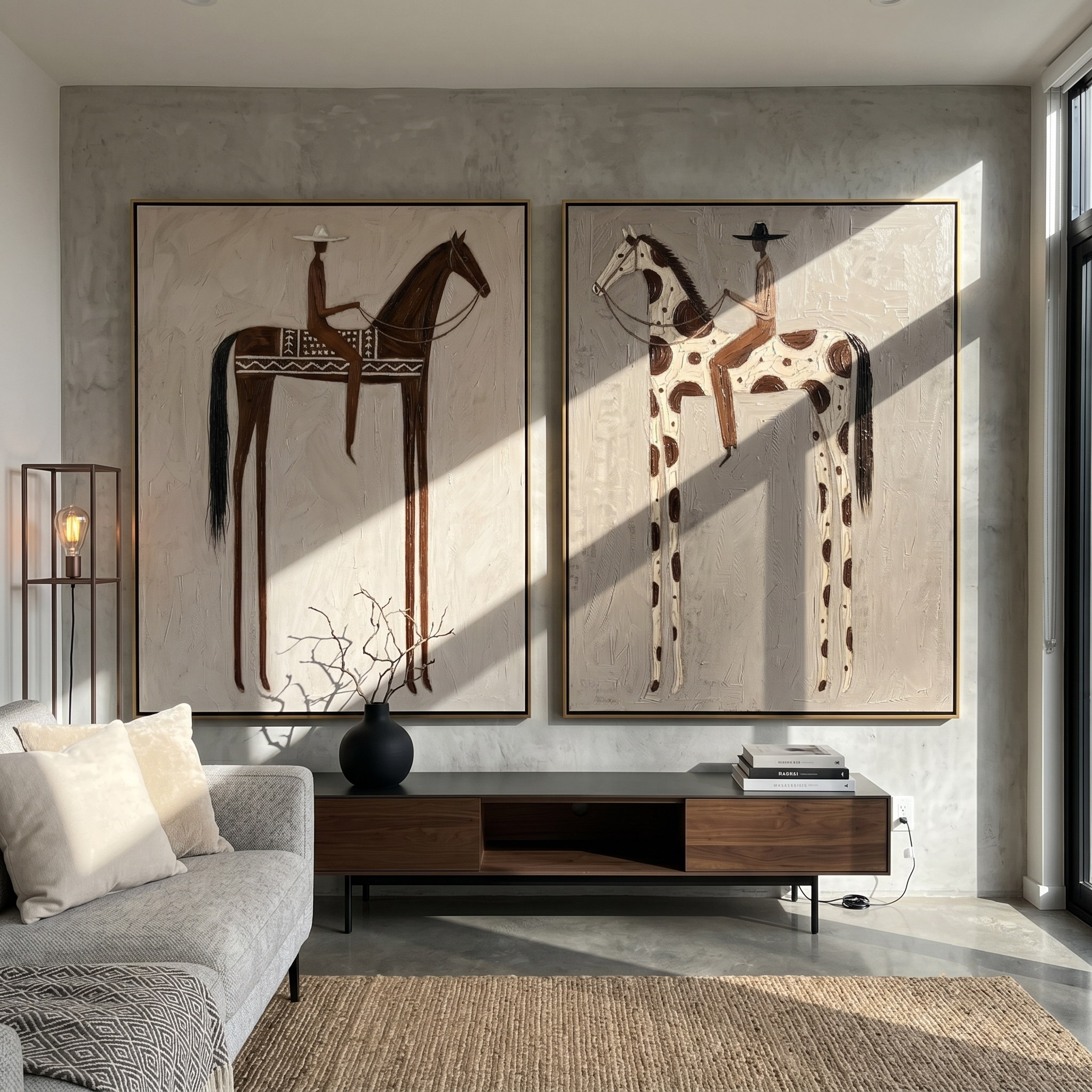 Warm Plain Diptych – Vintage Americana Two Folk Riders Two-Panel Painting | Rustic Modern Living Room Art