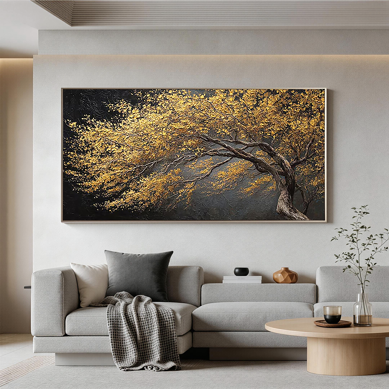 GILDED HORIZON: Panoramic 3D Heavy Texture Tree Wall Art, Luxury Gold Leaf Abstract Painting