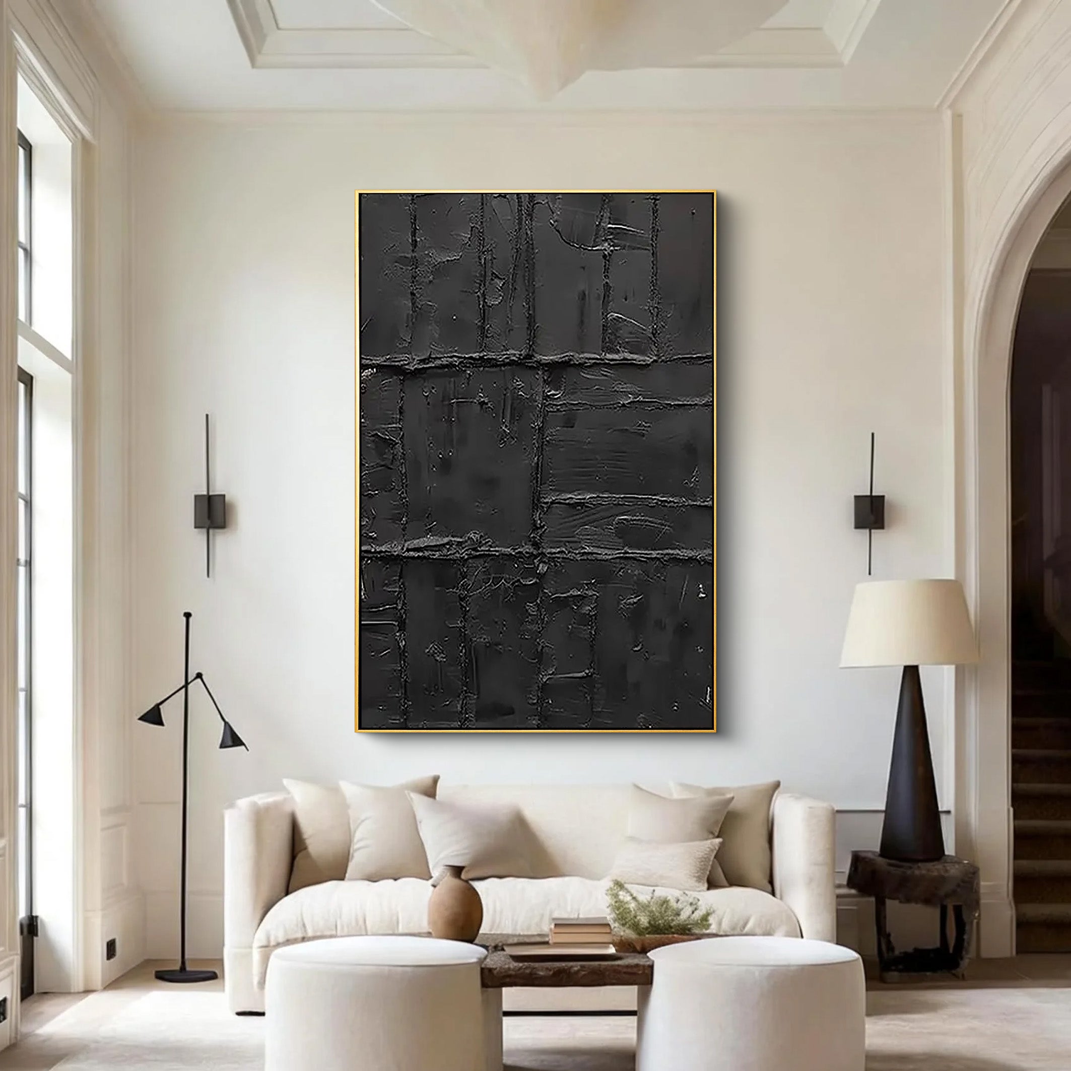 Noir Vestige – Hand-Painted All-Black Distressed Plaster Effect Relief Wabi-Sabi Painting | Modern Noir Wabi-Sabi Living Room & Home Office Art