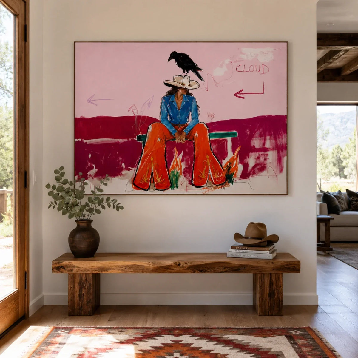 Cowgirl Waits Below Clouds – Pop Art Seated Cowgirl Painting | Pink Horizontal Western Wall Art