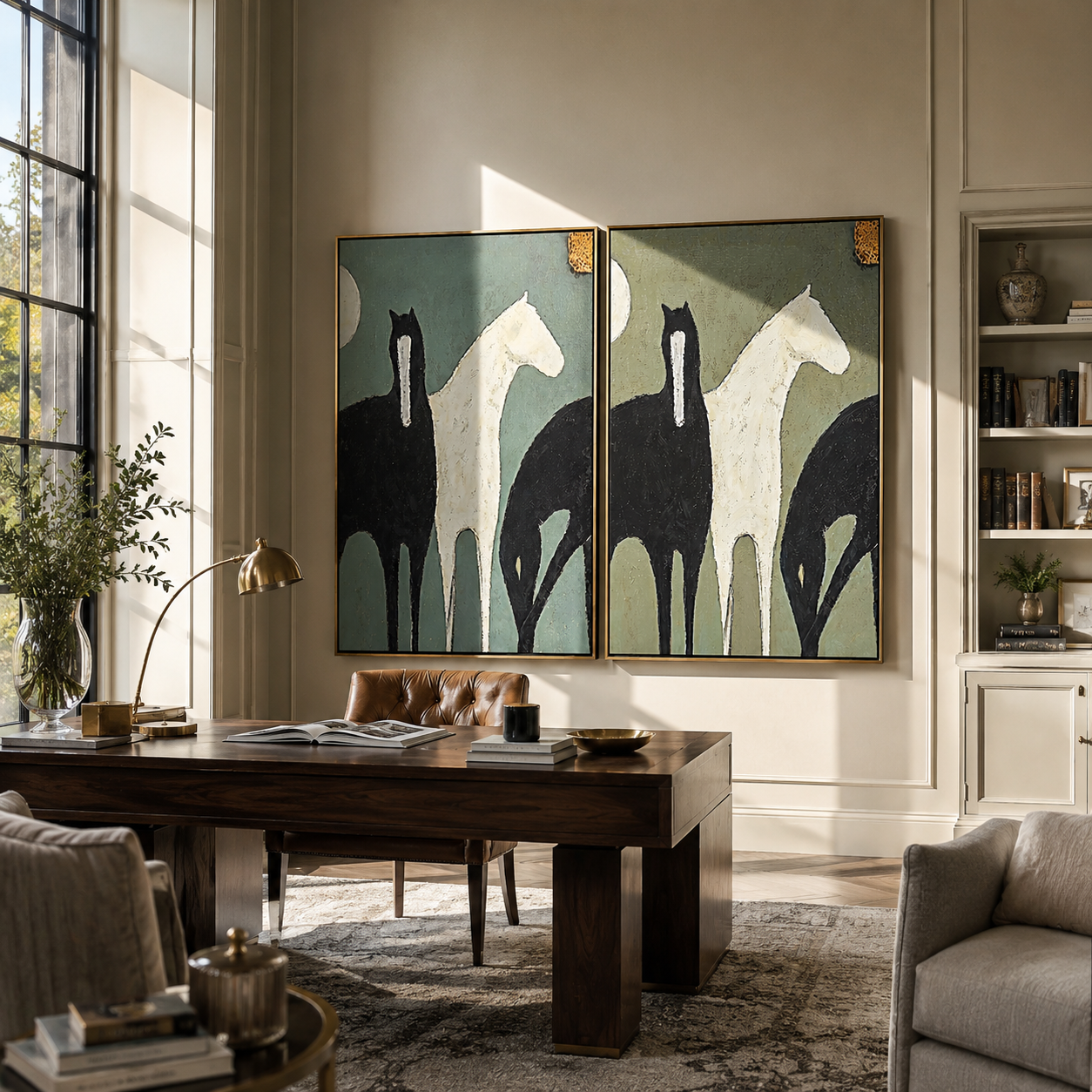 Moon Pair Diptych – Vintage Americana Black & White Horse Two-Panel Painting | Modern Organic Living Room Art