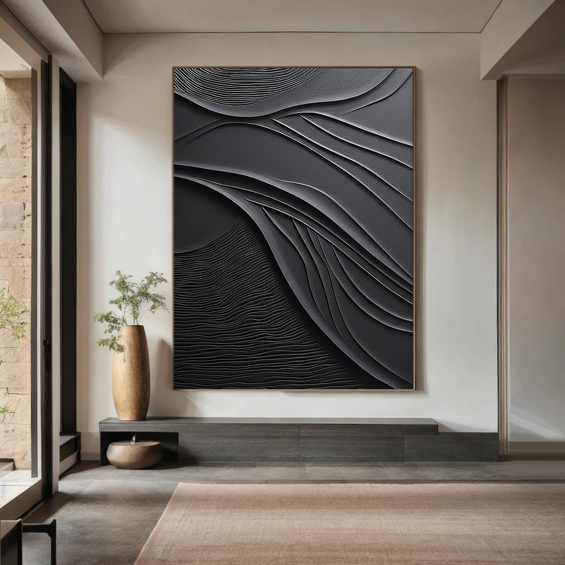 Shadow Curvature – Hand-Painted All-Black Minimalist Fluid Wave Plaster Relief Texture Painting | Bold Minimalist Bedroom & Home Office Art