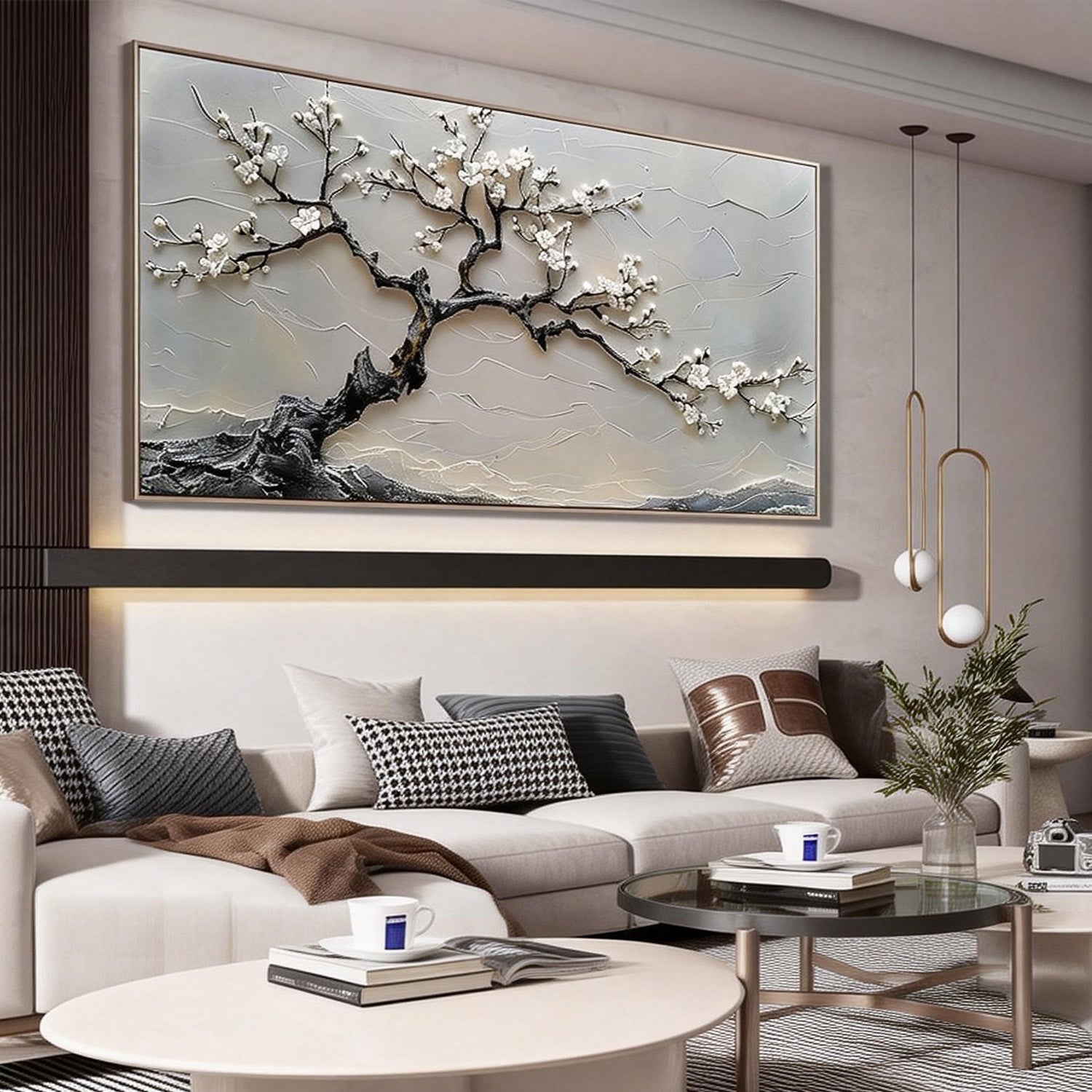 Winter Blossom – Luxury High-Relief Stark Black and White Painting | Panoramic Botanical Living Room Art