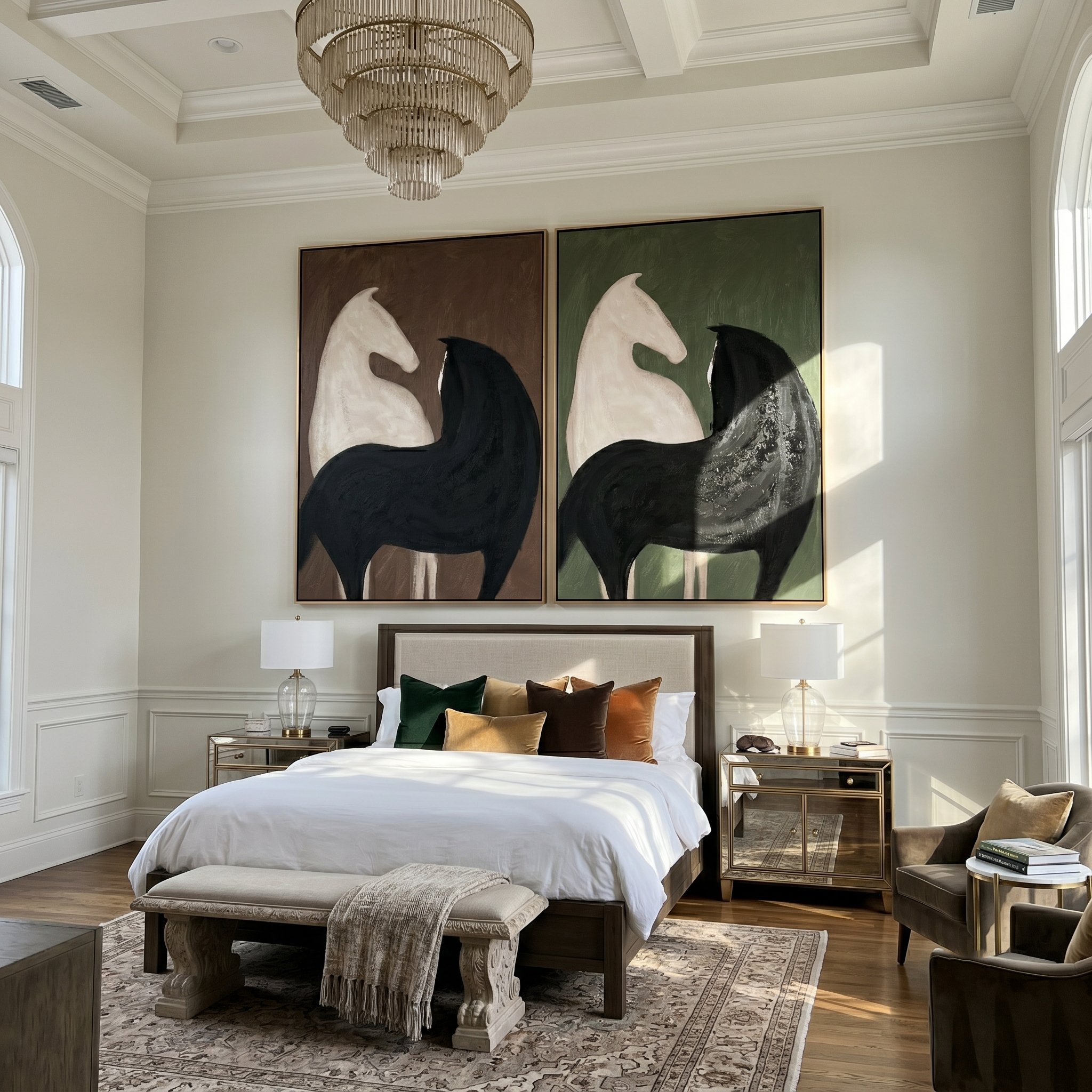 Duality Diptych – Vintage Americana Black & White Horse Two-Panel Painting | Contemporary Modern Living Room Art