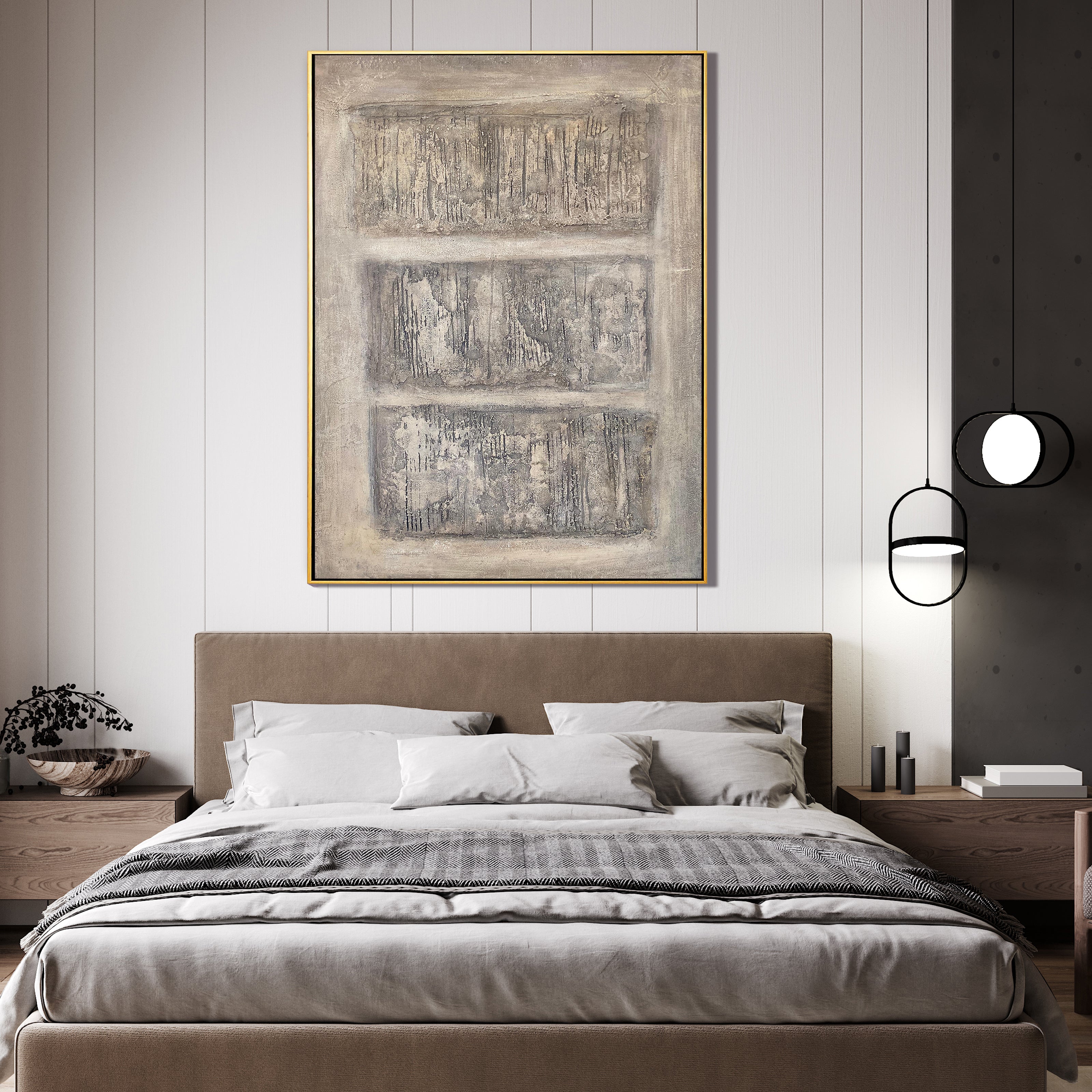 Neutral Vestige – Hand-Painted Beige Three-Panel Relief Plaster Effect Wabi-Sabi Painting | Japandi Organic Wabi-Sabi Living Room & Hallway Art