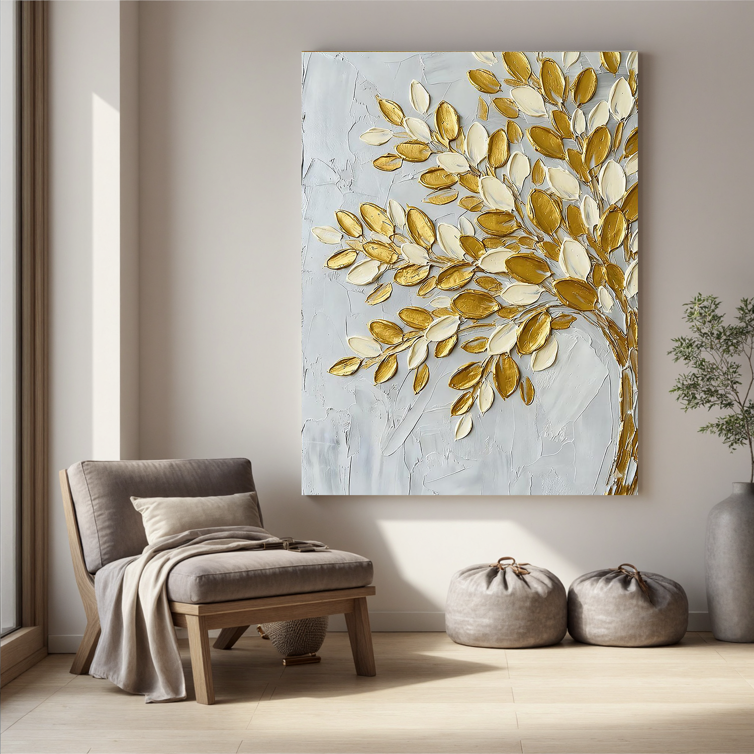 Gilded Prosperity – Modern Metallic Botanical Painting | Impasto Gold Leaf Tree Canvas Living Room Art