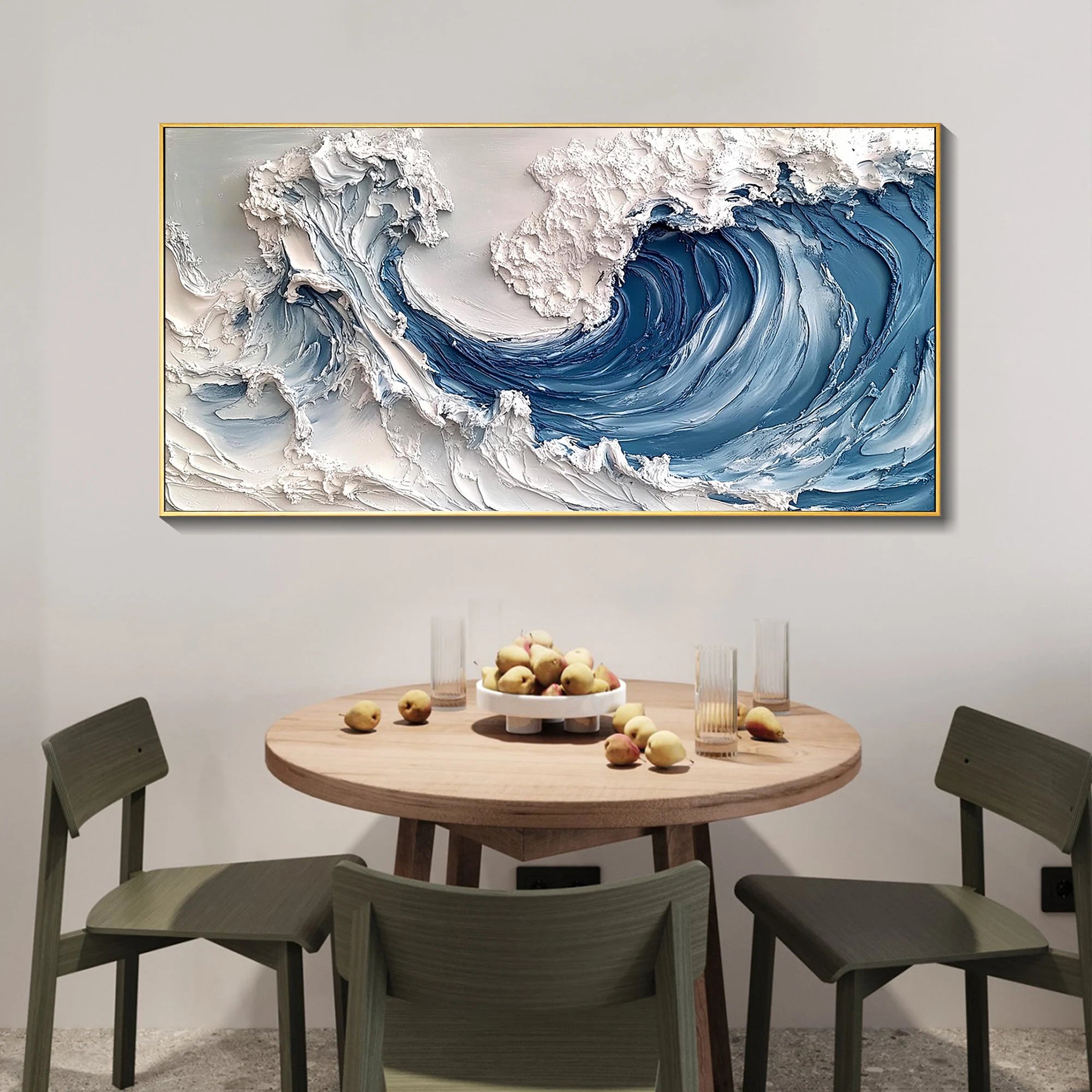 MAJESTIC CREST: Nature Wall Art, Hand-Painted Horizontal Deep Blue Ocean Wave 3D Impasto Heavy Texture Canvas Painting