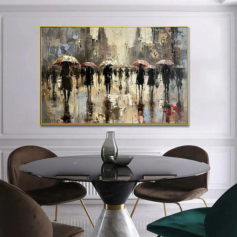 People-portraits #PE 485URBAN DRIZZLE: People Portrait Art, Hand-Painted Rainy Street Cityscape Umbrella Impressionist Textured Oil Painting
