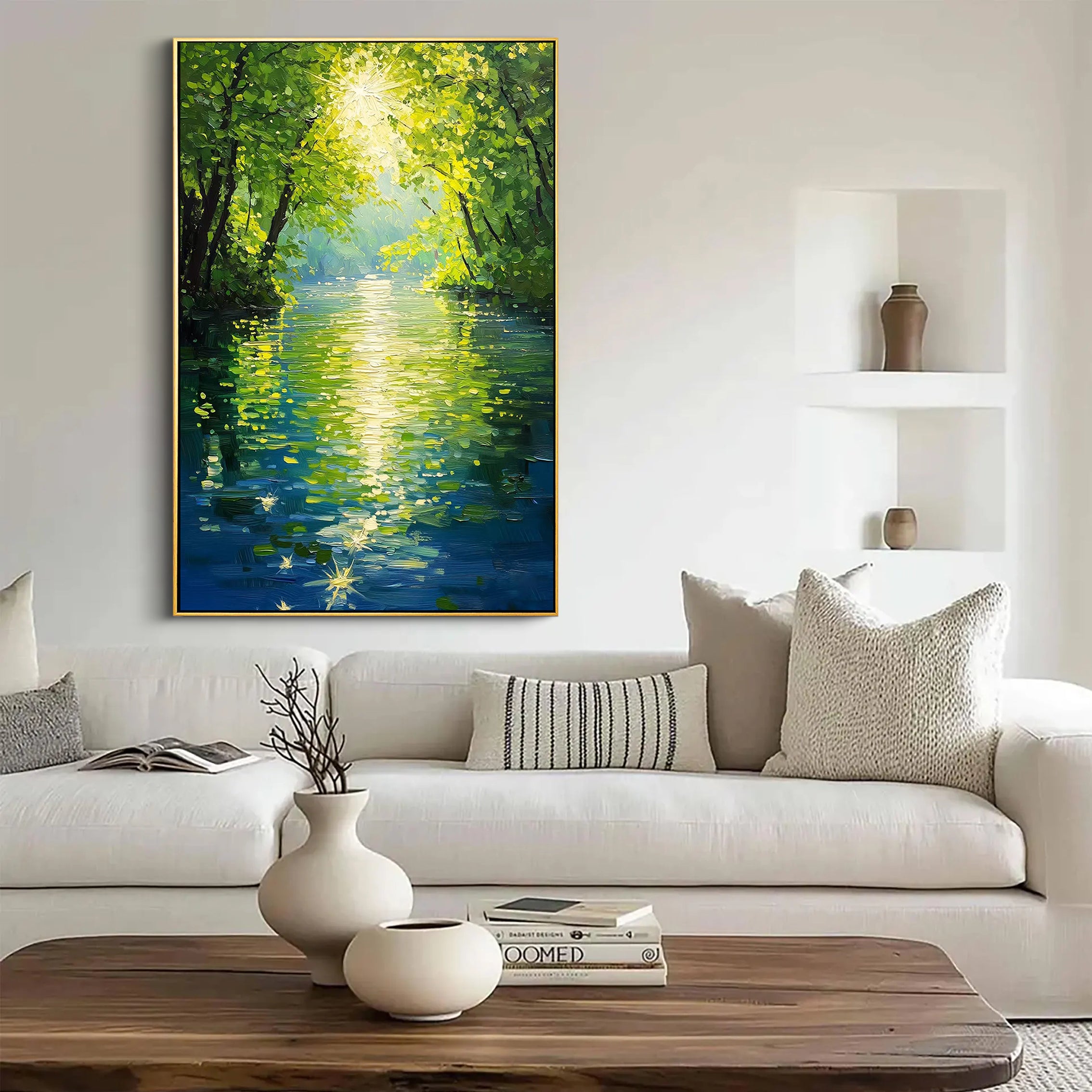 VERDANT FLOW: Landscape Wall Art, Hand-Painted Impressionist Forest River Scenery Textured Oil Painting