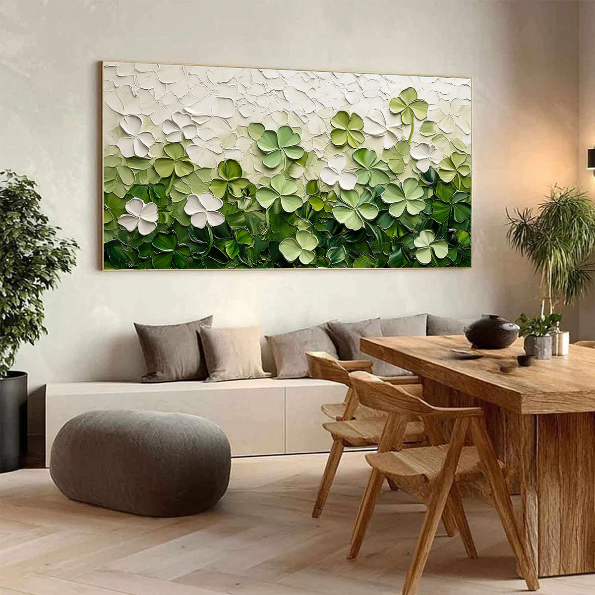 Lucky Meadow – Hand-Painted Green Clover Field Palette Knife Layered Floral Painting | Tropical Botanical Bedroom & Dining Room Art
