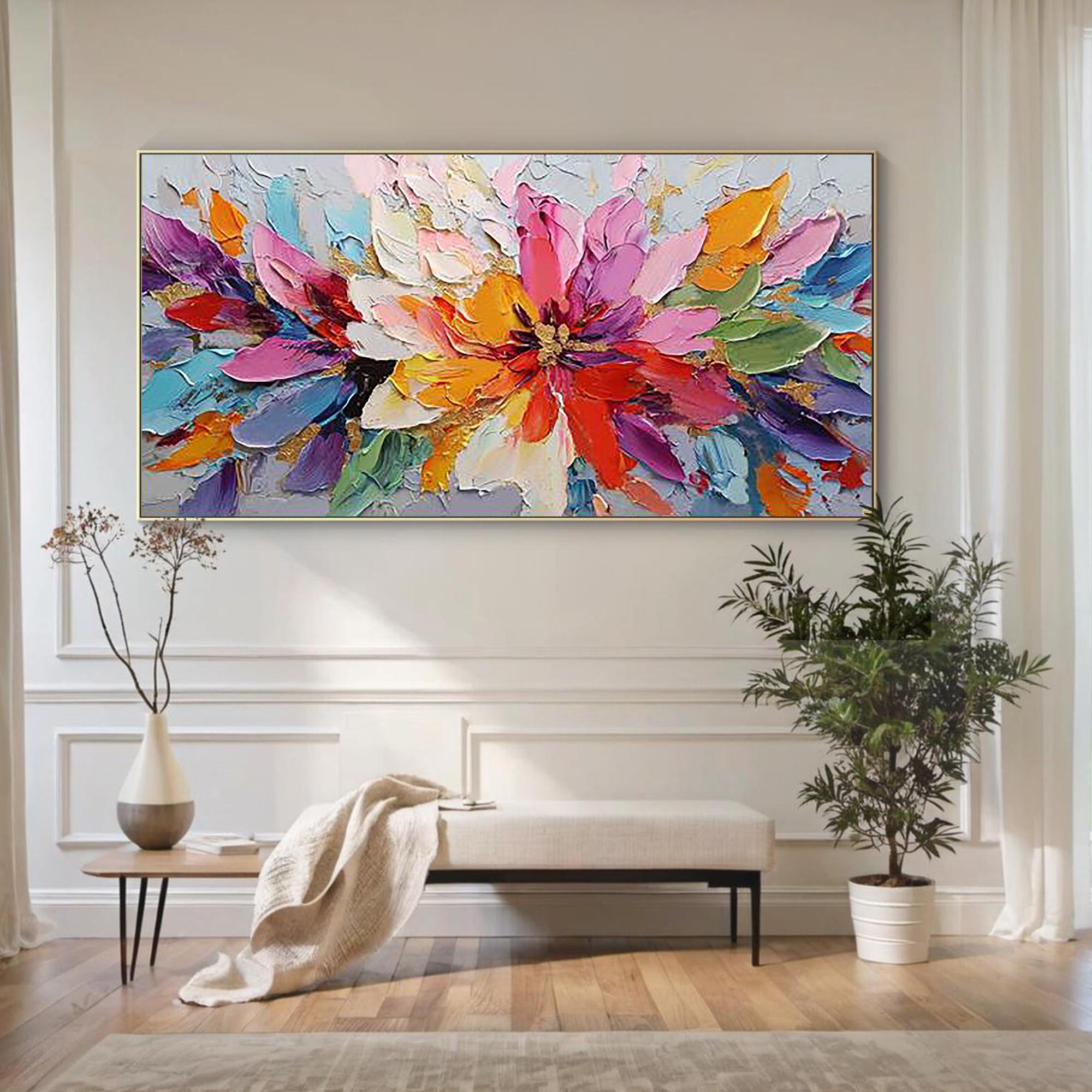 Vibrant Eruption – Modern Abstract Expressionist Oil Painting | Impasto Floral Texture Living Room Art