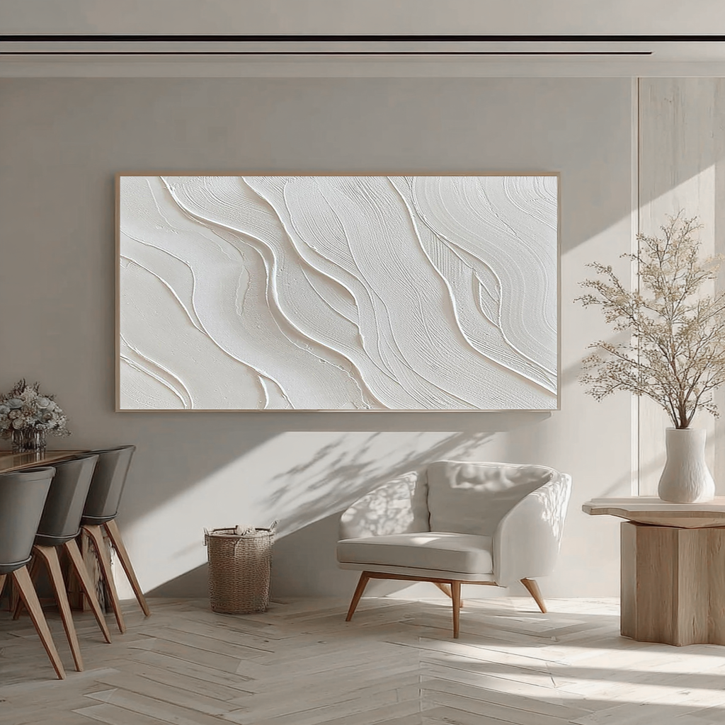 ZEN RIPPLE: Minimalist Wall Art, Hand-Painted Horizontal Neutral Beige Fluid Plaster Lines 3D Textured Gallery Art