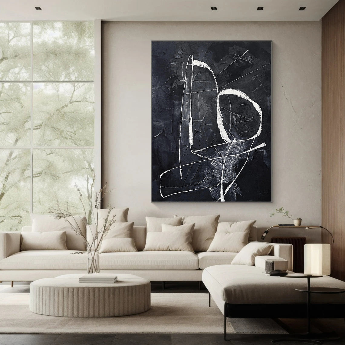 DARK LINEAGE: Minimalist Wall Art, Hand-Painted Black and White Abstract Line 3D Textured Studio Art