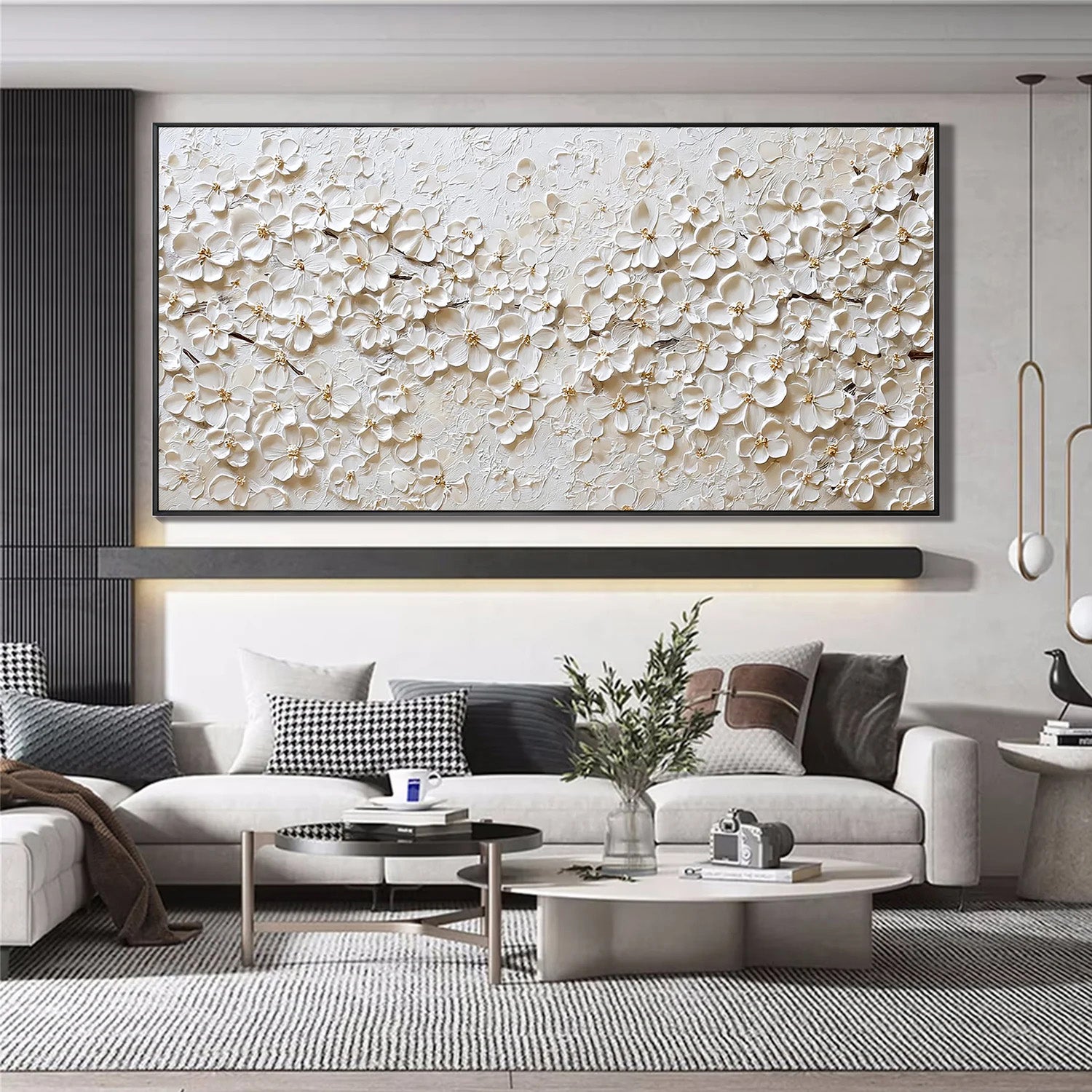 Champagne Melodies – Luxury All-White Floral Heavy Textured Painting | Large Horizontal Living Room Art