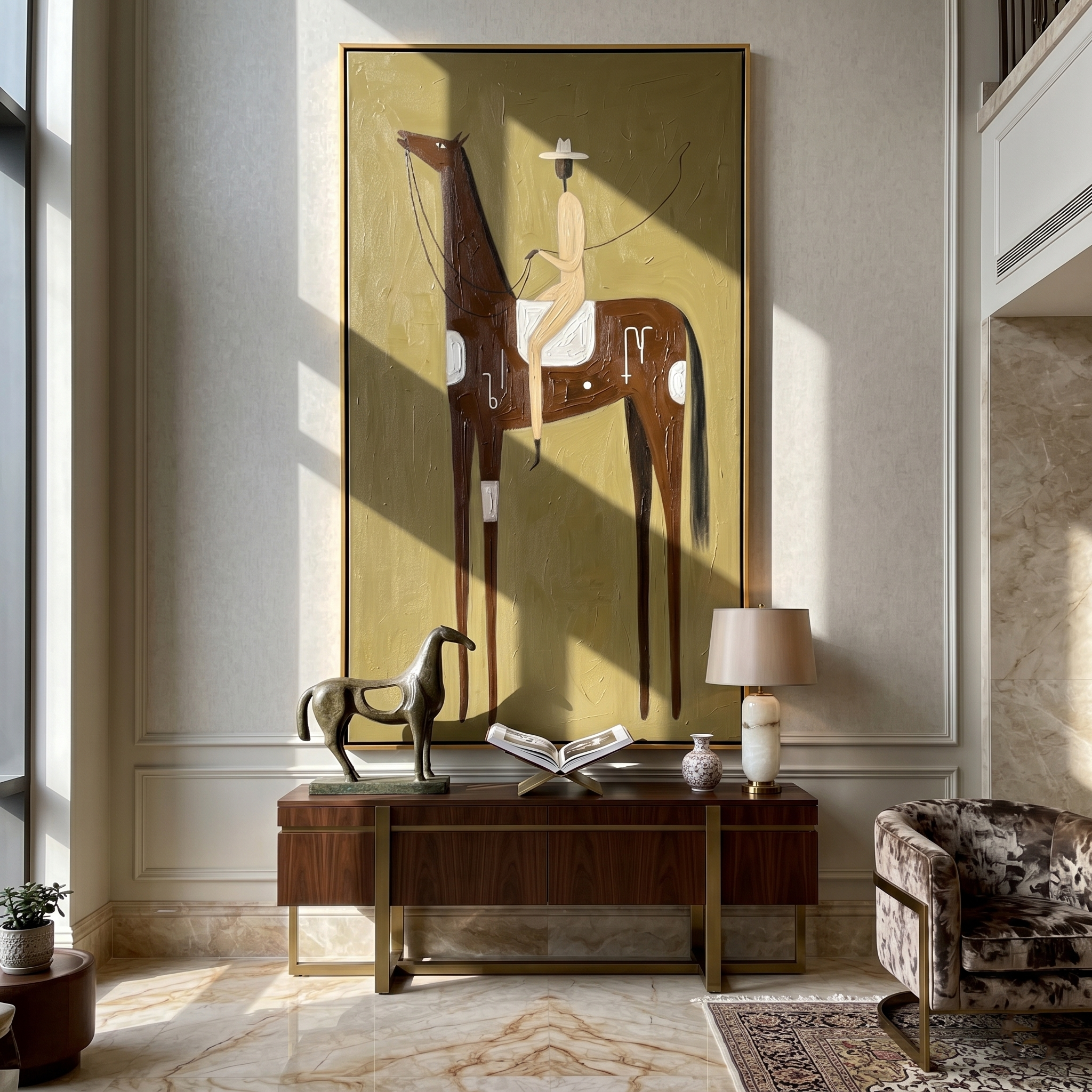 High Plains Rider – Vintage Americana Primitive Elongated Horse & Cowboy Painting | Rustic Folk Modern Living Room Art