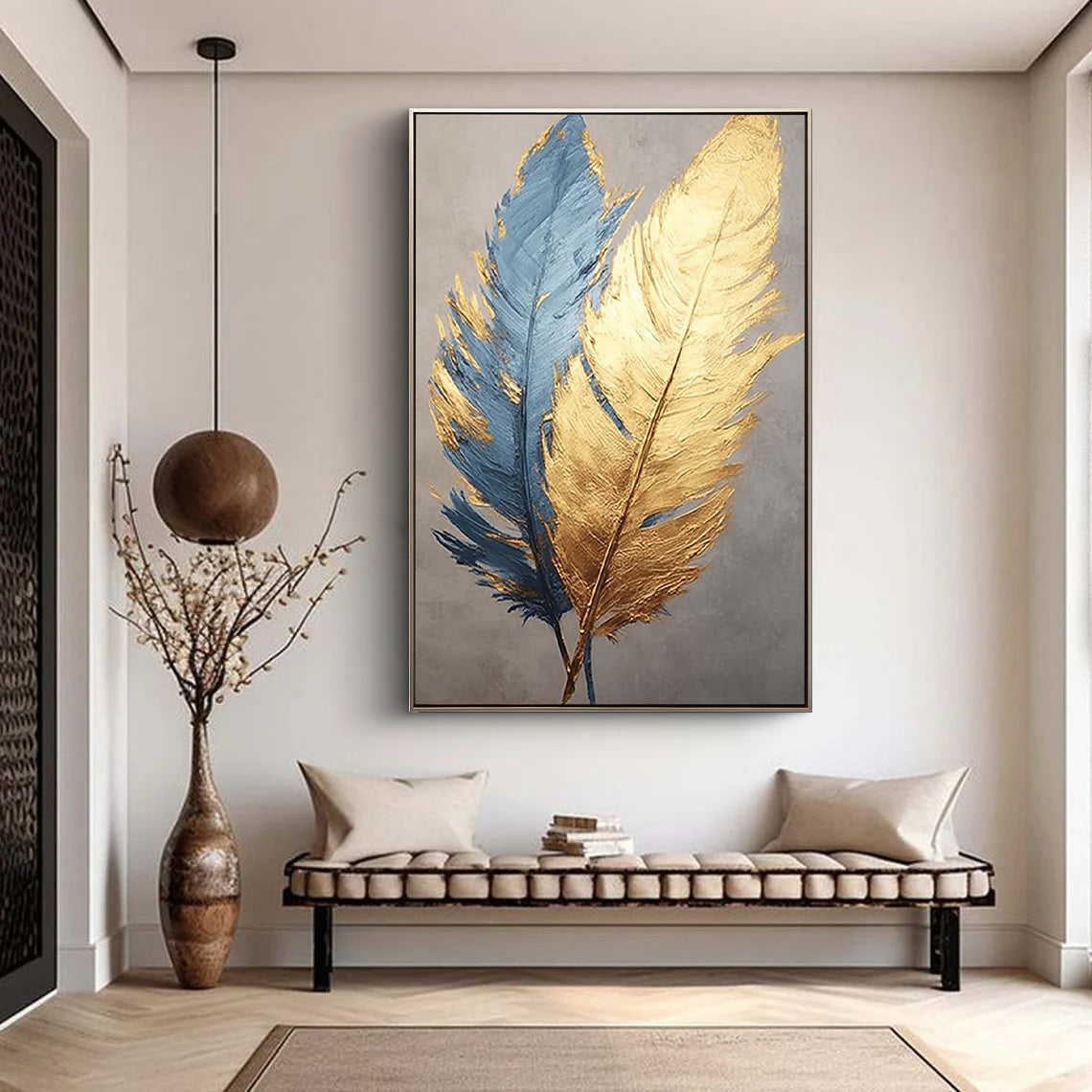 Golden Plume – Hand-Painted Navy Blue and Gold Foil Feather Abstract Painting | Modern Abstract Living Room & Office Art