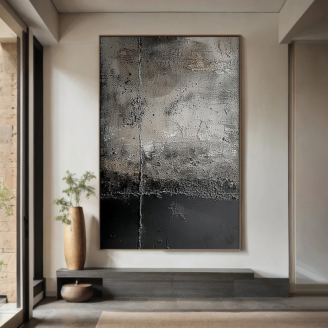 Urban Fossil – Hand-Painted Distressed Charcoal Grey Plaster Effect Relief Modern Wabi-Sabi Painting | Modern Noir Wabi-Sabi Living Room & Home Office Art