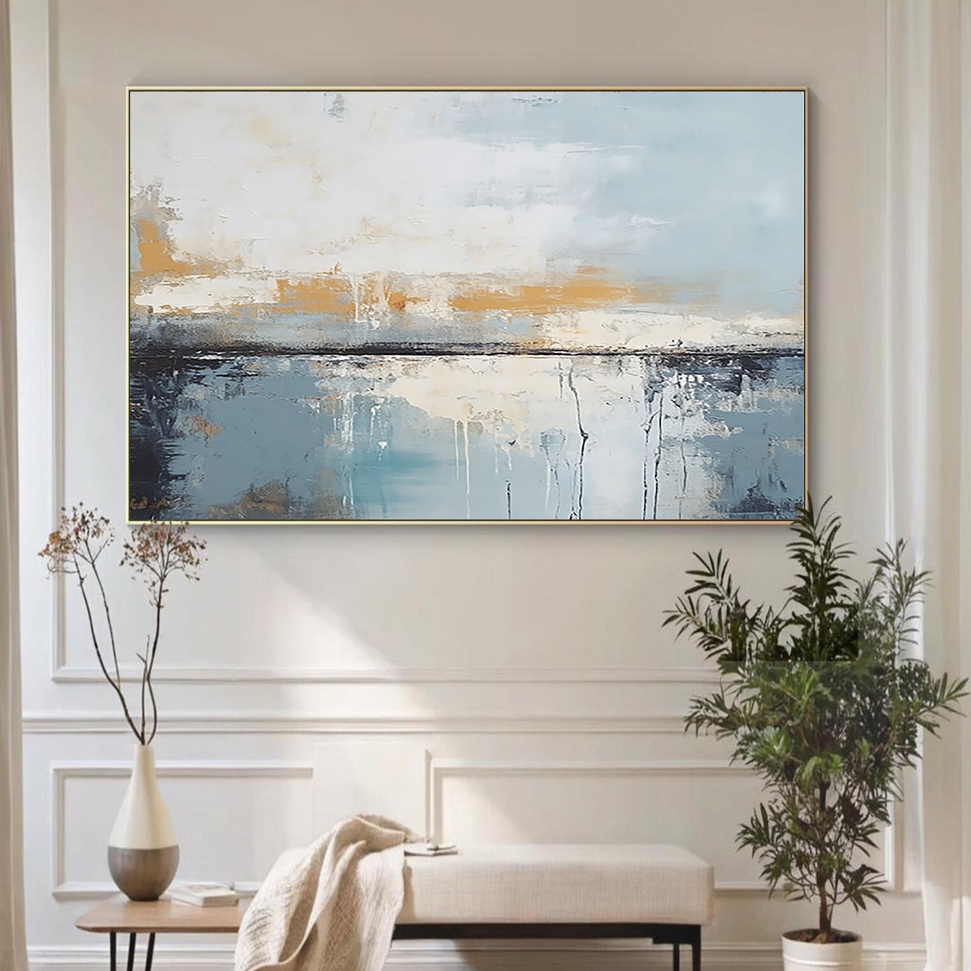 Ethereal Horizon – Modern Blue & Gold Palette Knife Relief Abstract Painting | Modern Abstract Living Room & Office Art