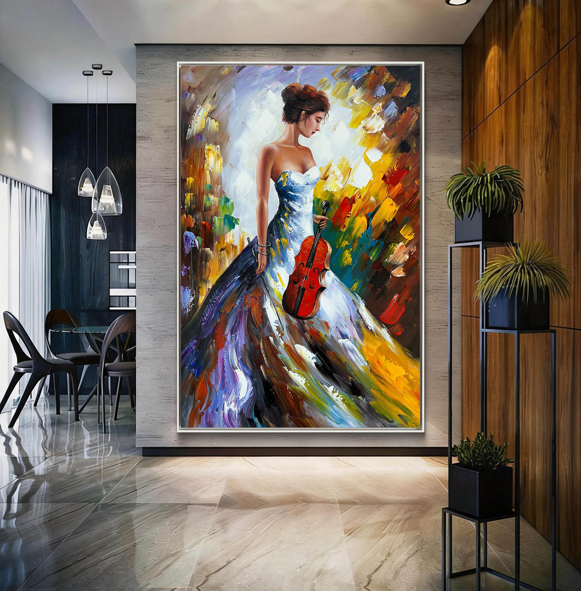 Melodic Muse – Palette Knife Lady in Gown Colorful Painting | Bold Expressionist Living Room & Dining Room Art