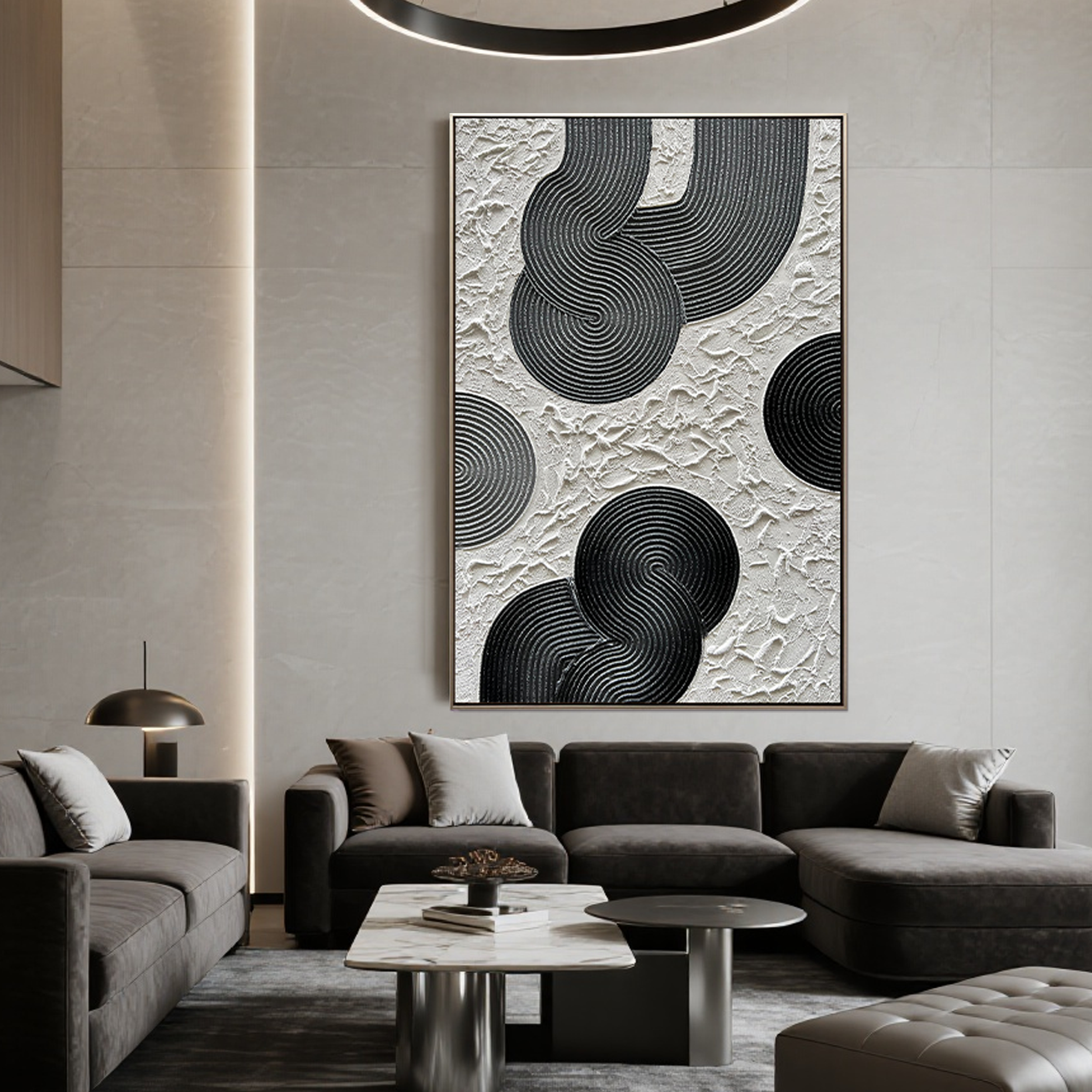 Zen Circles – Minimalist Black & White Sculptural Wabi-Sabi Painting | Modern Noir Wabi-Sabi Living Room & Home Office Art