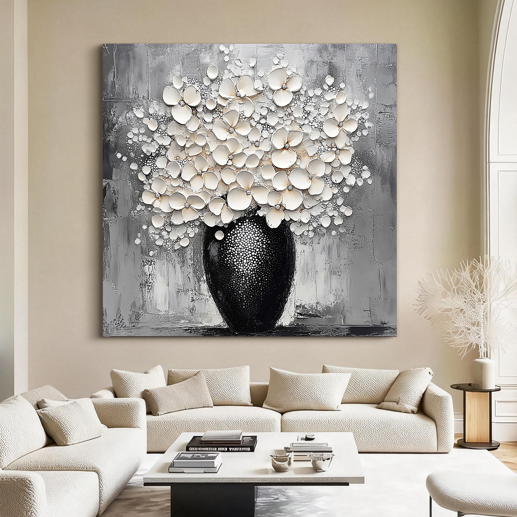 Blossoms in Relief – Modern Textured Floral Bouquet Painting | Luxury Black and White Still Life Vase Dining Room Art