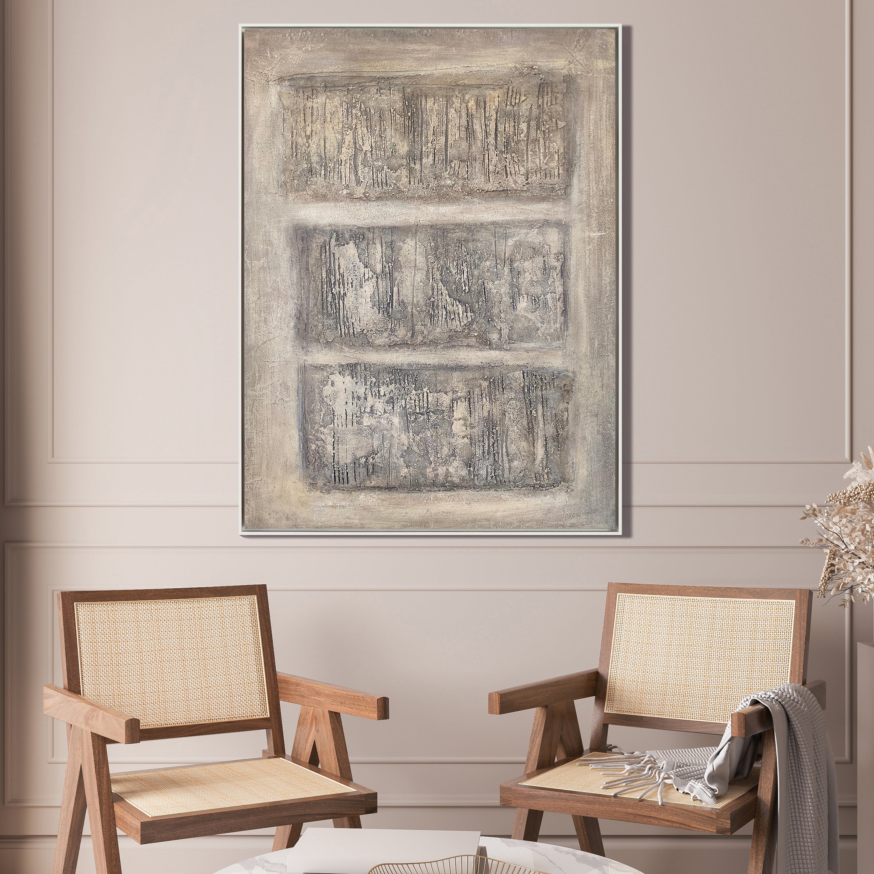 Neutral Vestige – Hand-Painted Beige Three-Panel Relief Plaster Effect Wabi-Sabi Painting | Japandi Organic Wabi-Sabi Living Room & Hallway Art