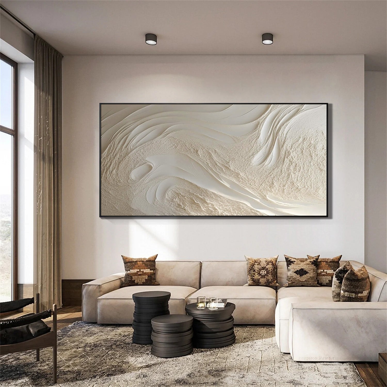WHISPERING TIDES: Minimalist Wall Art, Hand-Painted Plaster Effect Flowing Wave Heavy Texture Canvas Painting